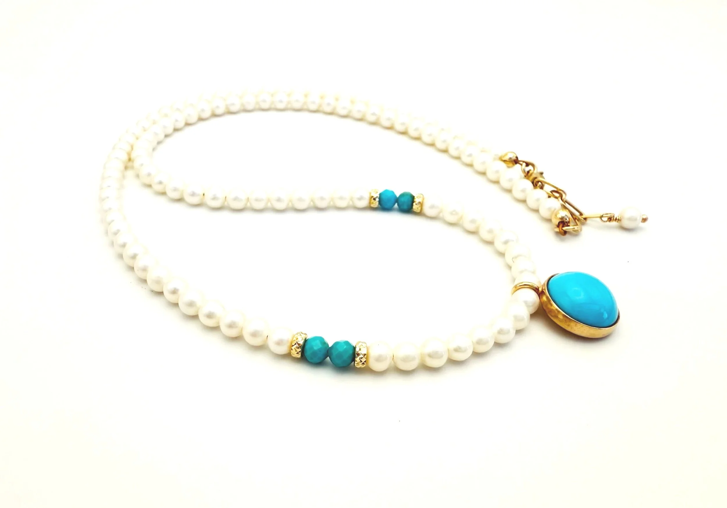 handmade blue turquoise and pearl one of a kind necklace 14k