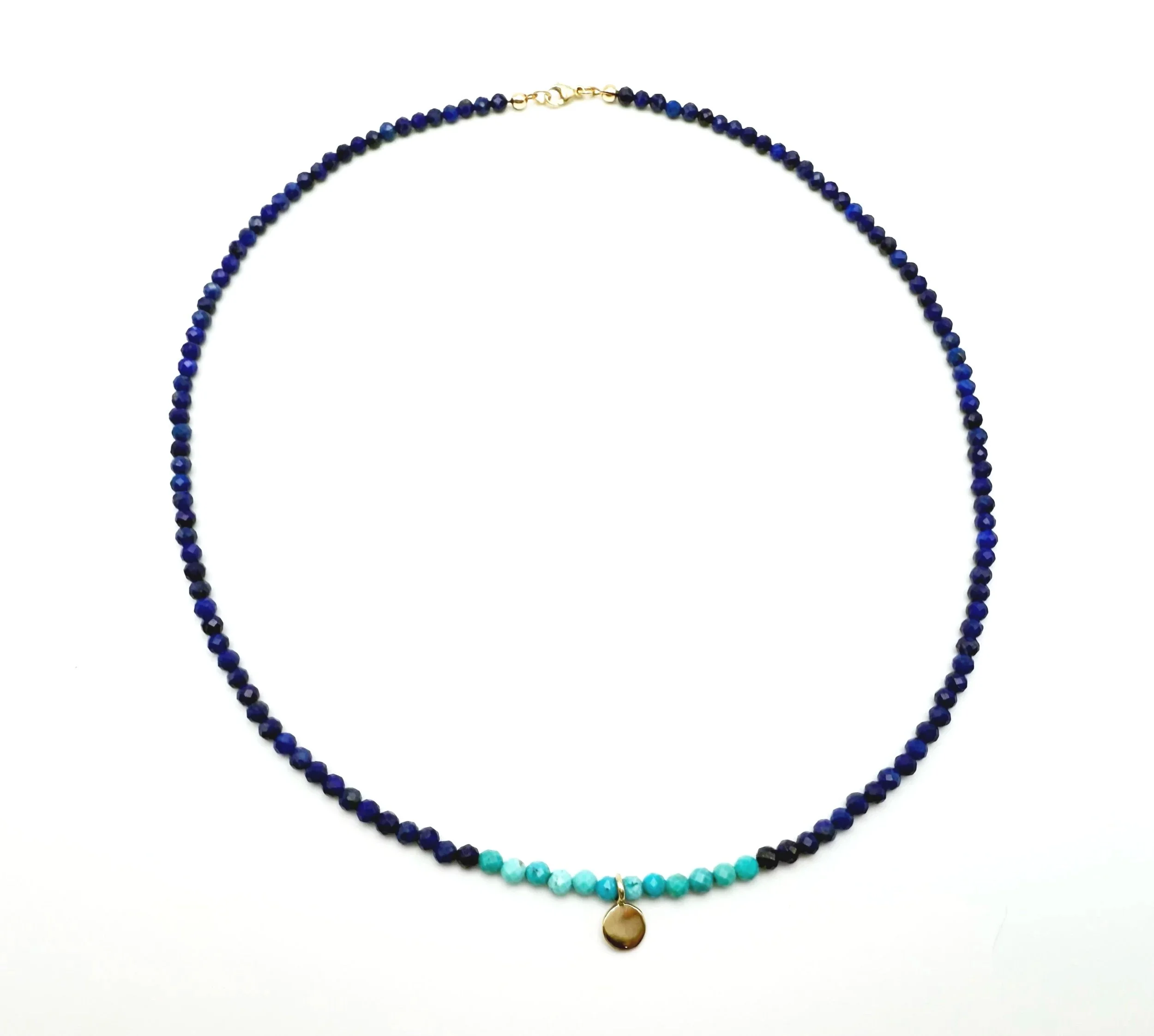 dark blue and light blue gemstone beaded necklace 14k