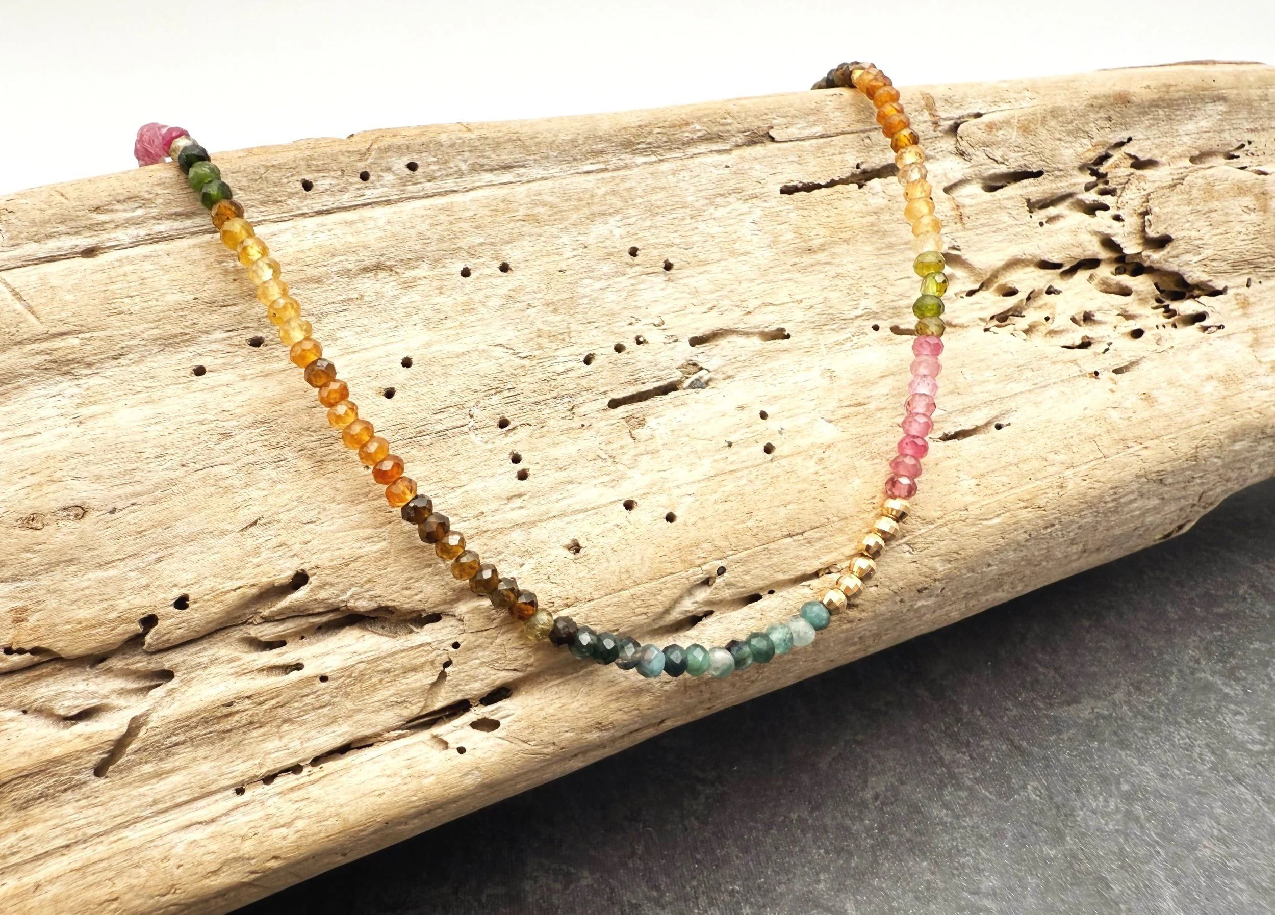 multi colored tourmaline bead necklace 14k gold