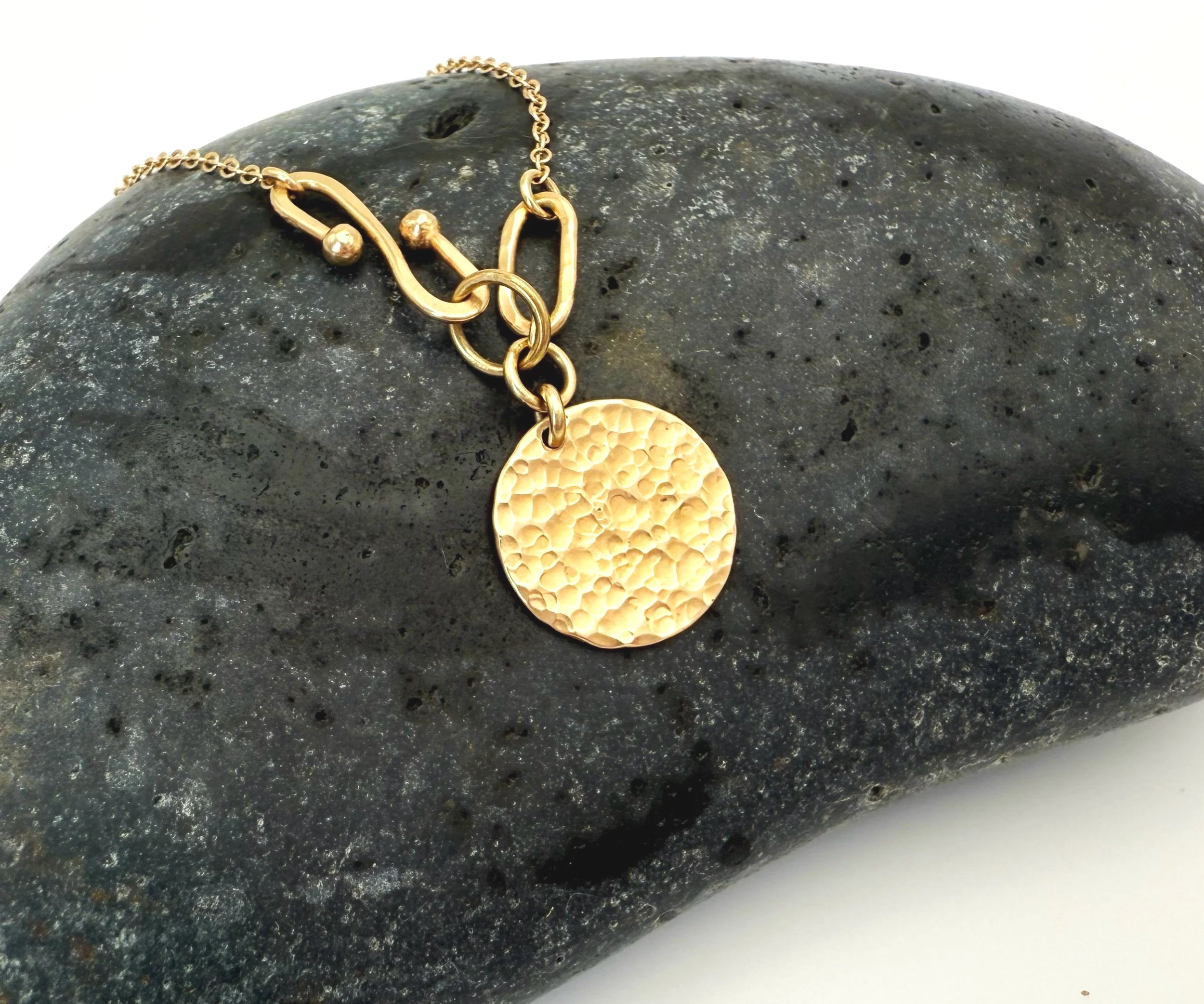14k Solid Gold hammered disc pendant necklace