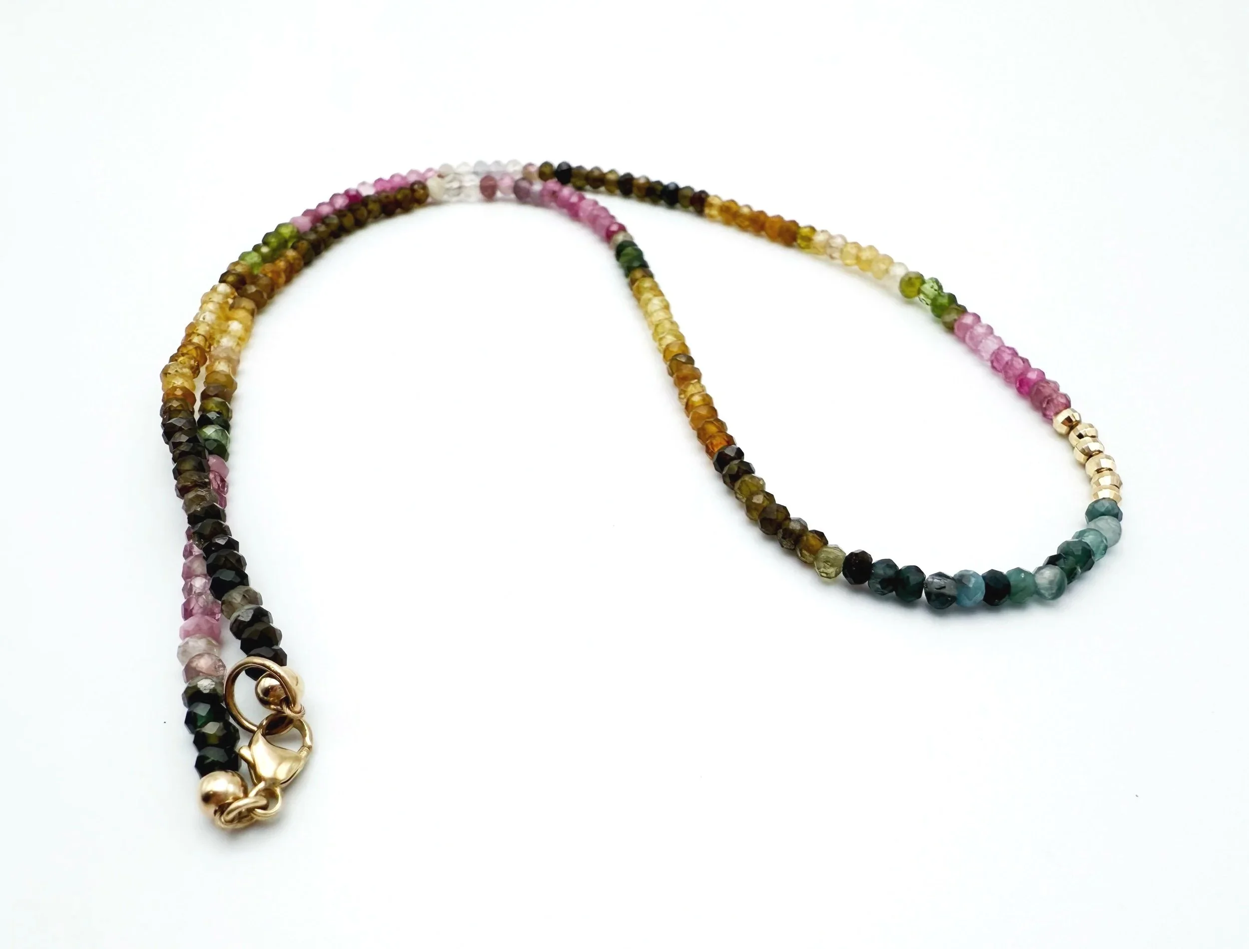Gold rainbow tourmaline necklace 14k