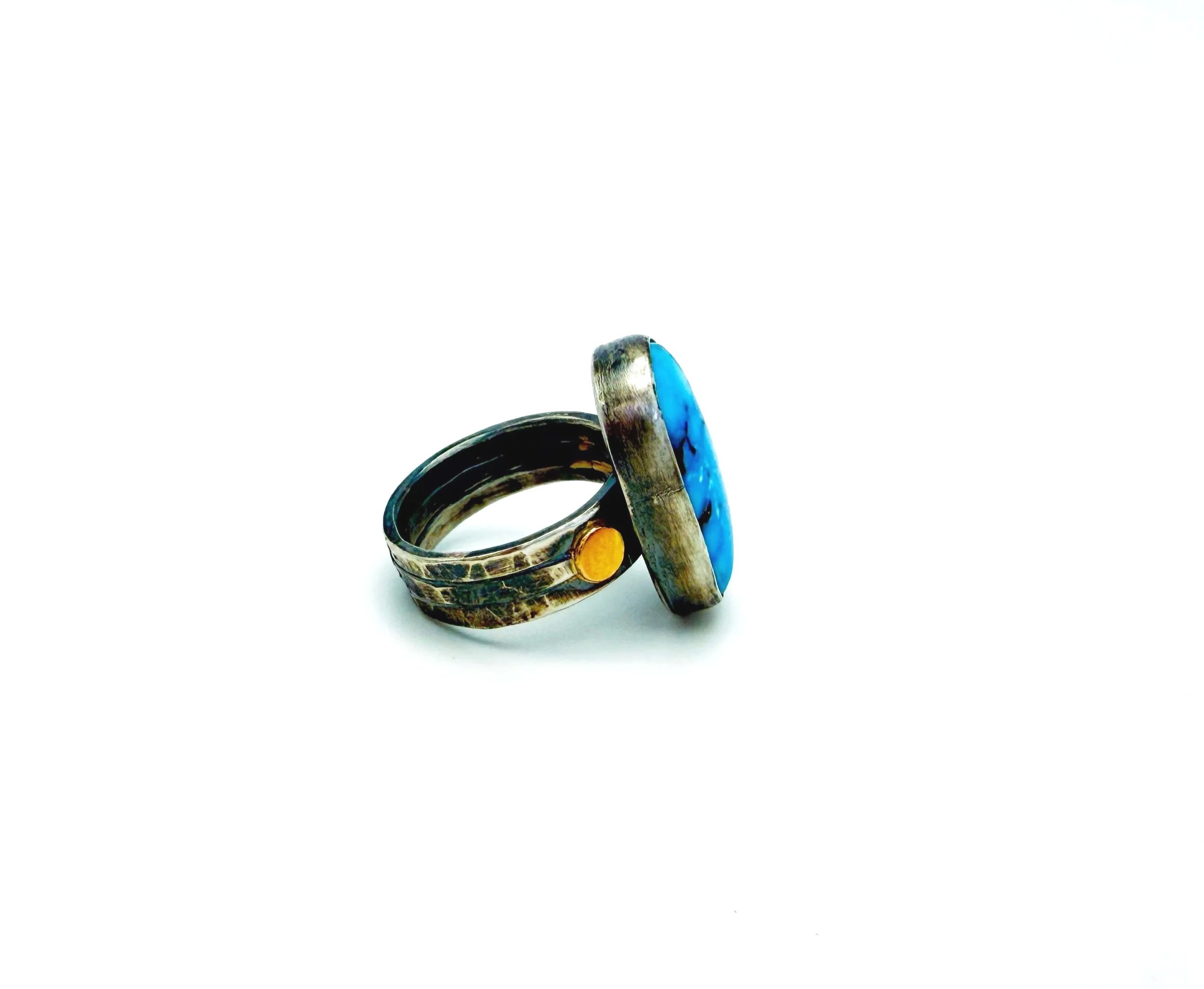 Blue turquoise statement ring oxidized silver and gold