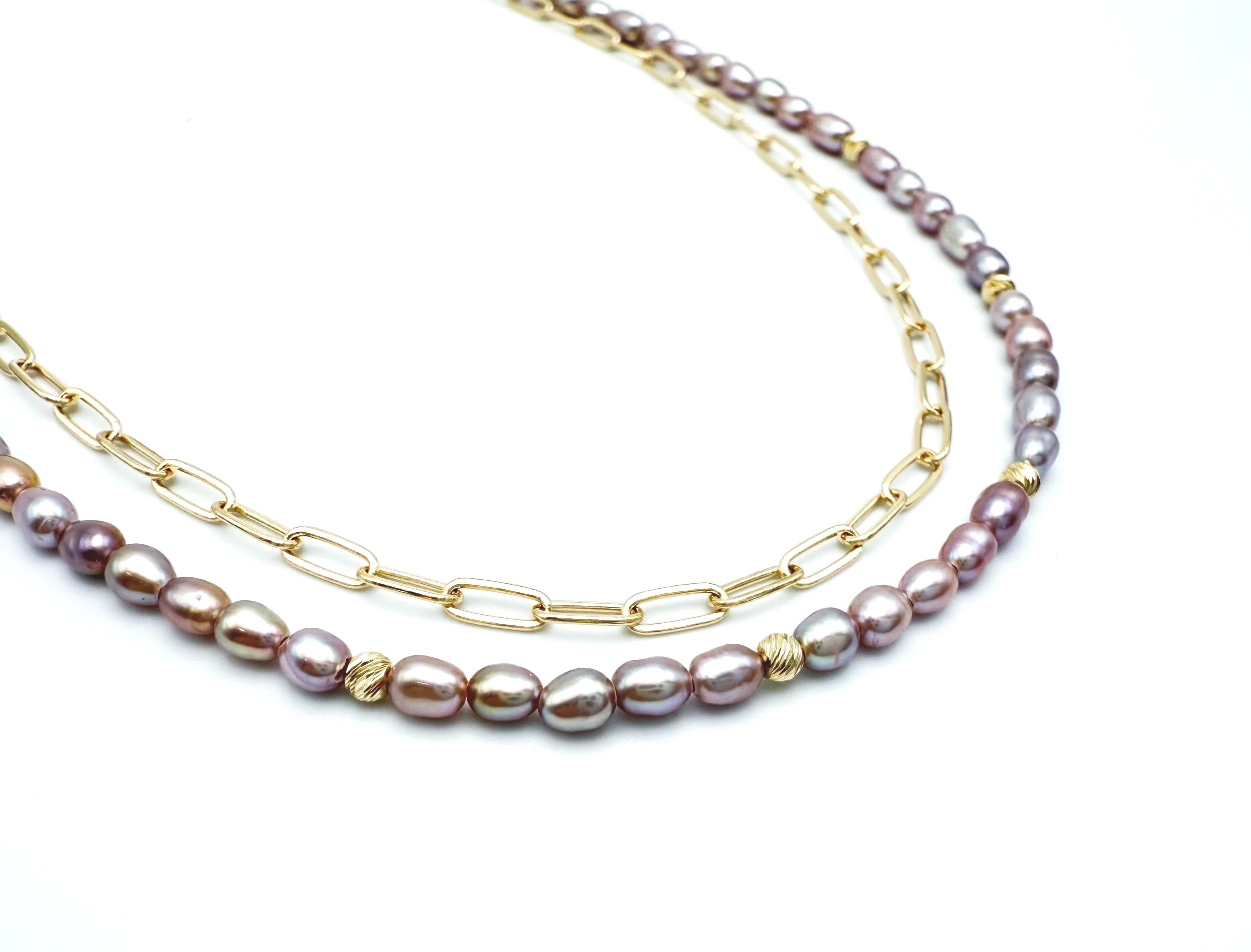 pinkish purple freshwater pearl necklace in 14k gold