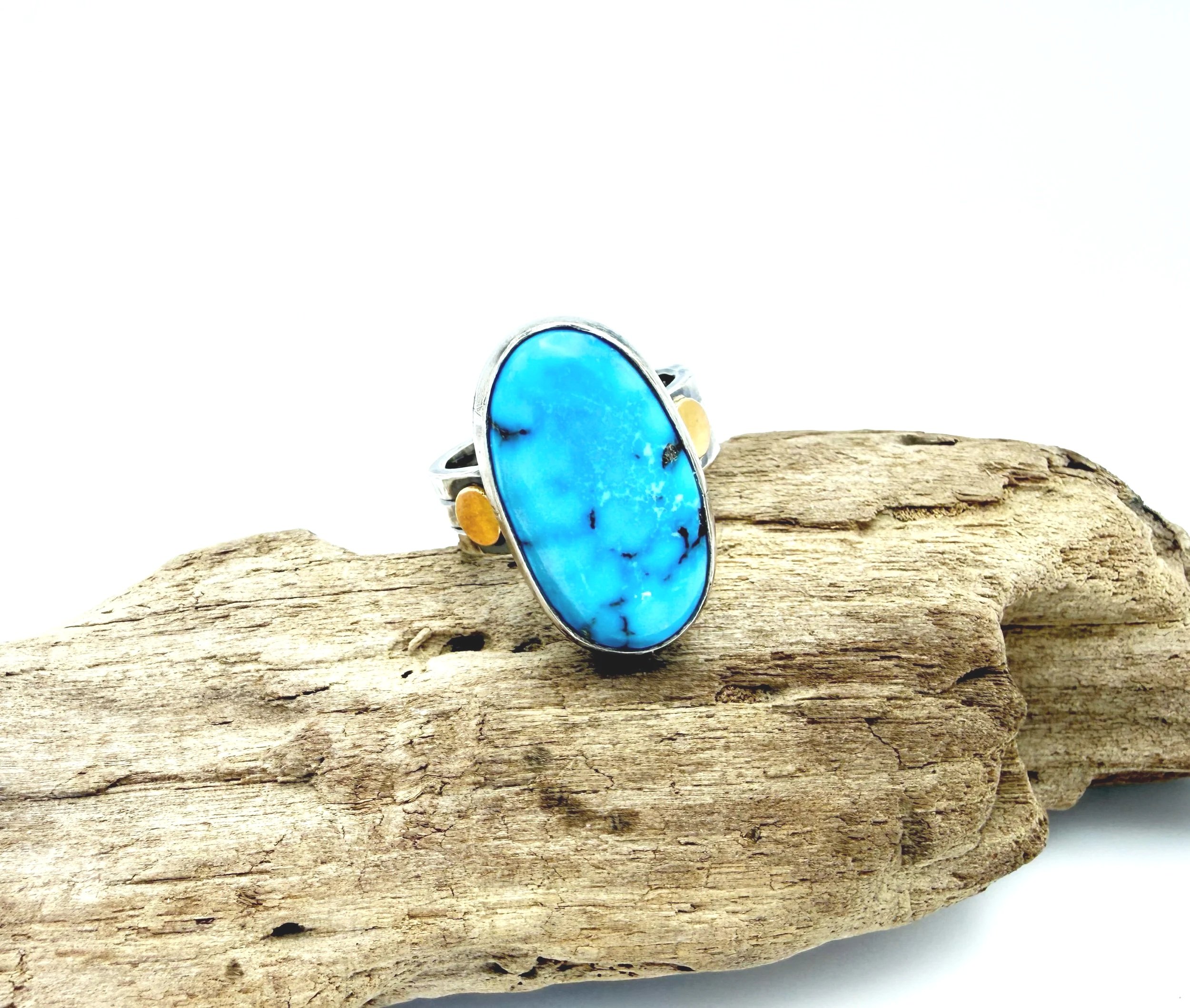 kingman turquoise ring in silver with 14k gold