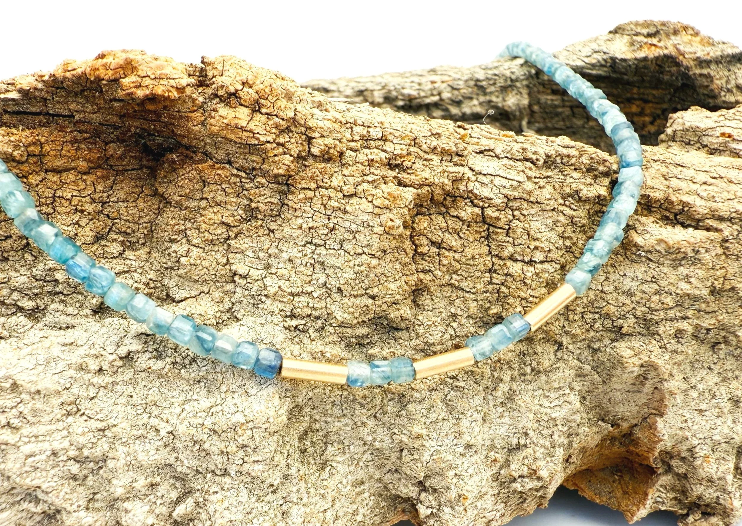 blue kyanite beaded necklace 14k solid gold