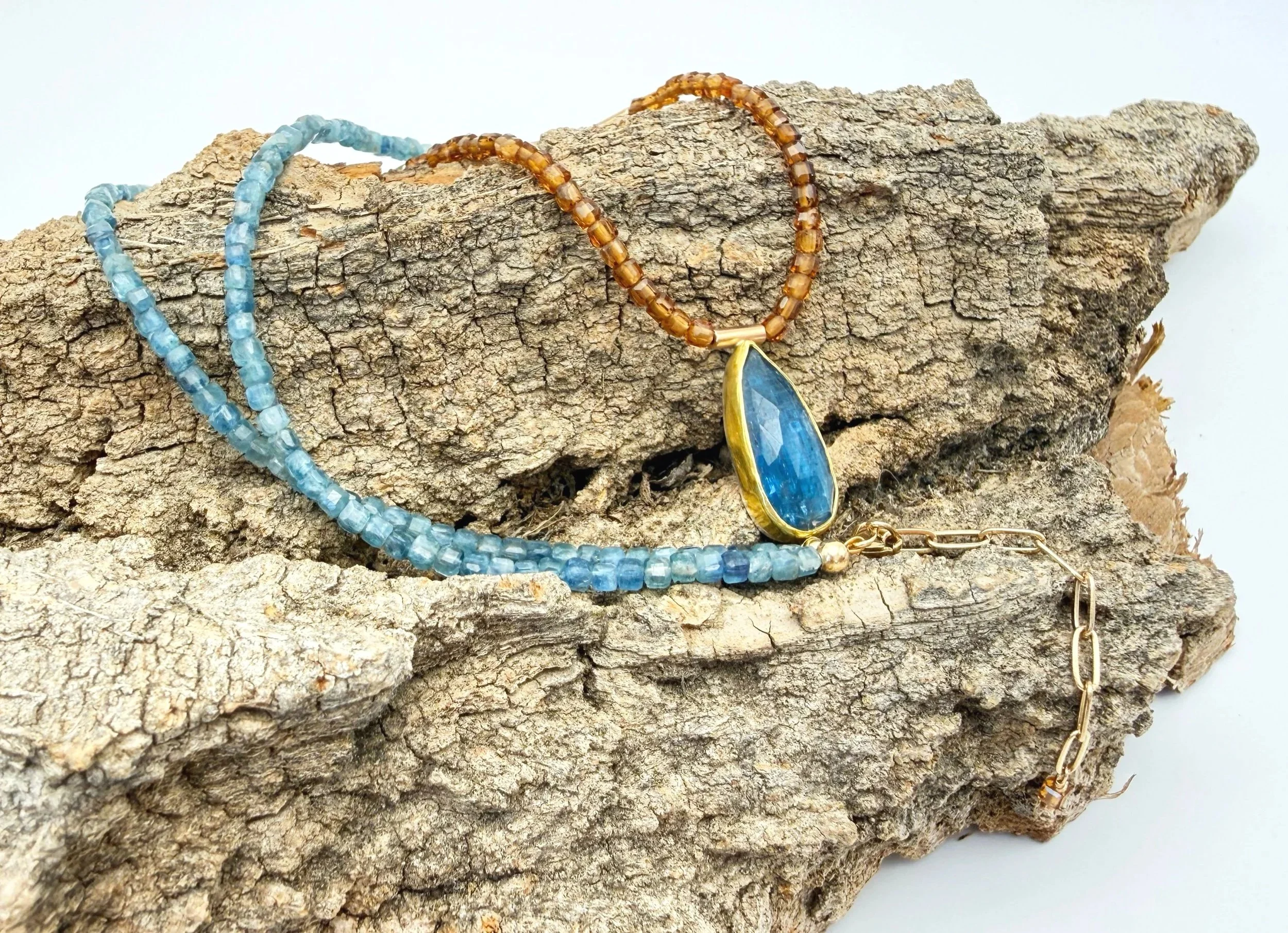 Blue and brown gemstone beaded necklace mixed