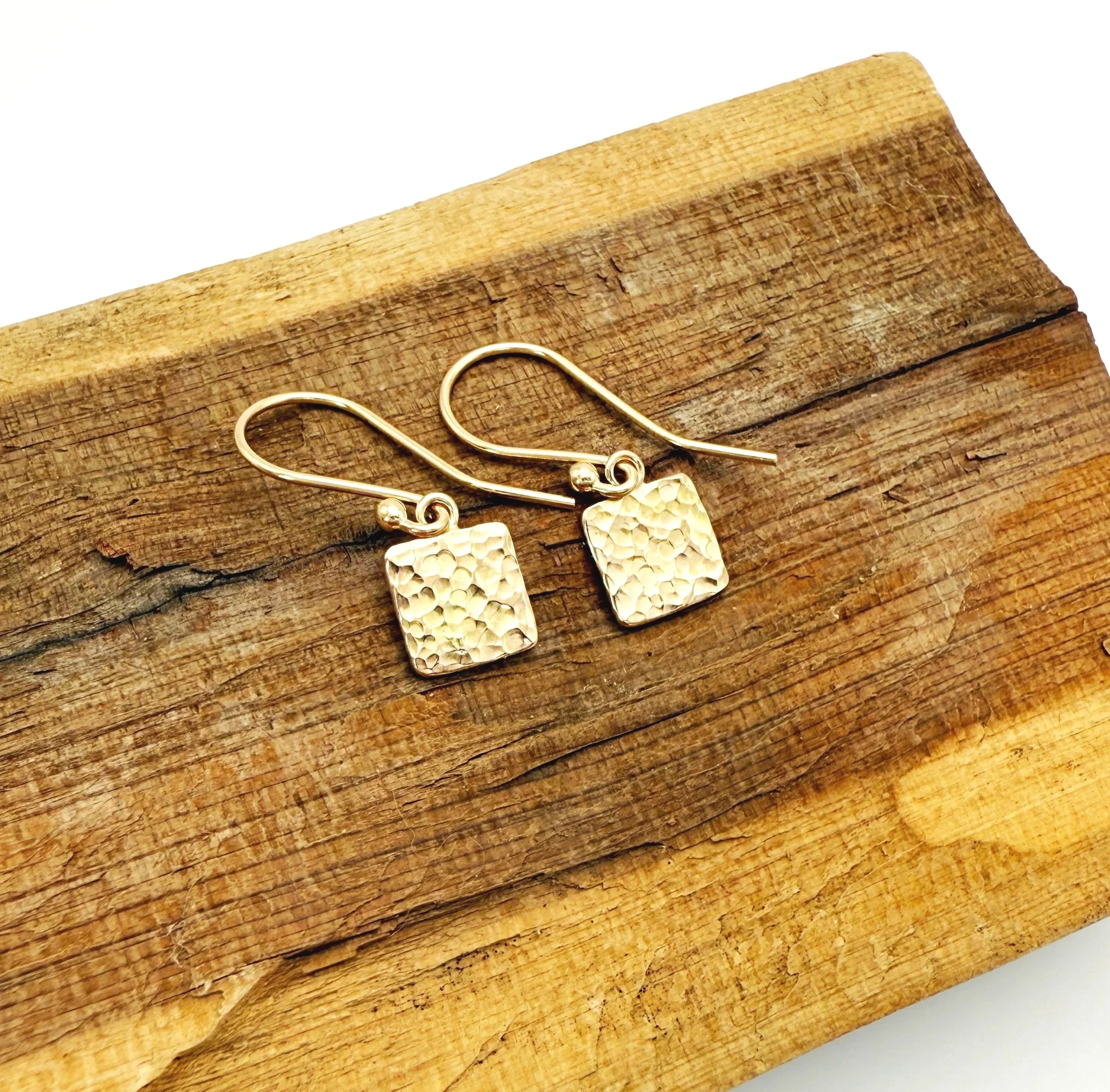 hammered 14k solid gold square earrings