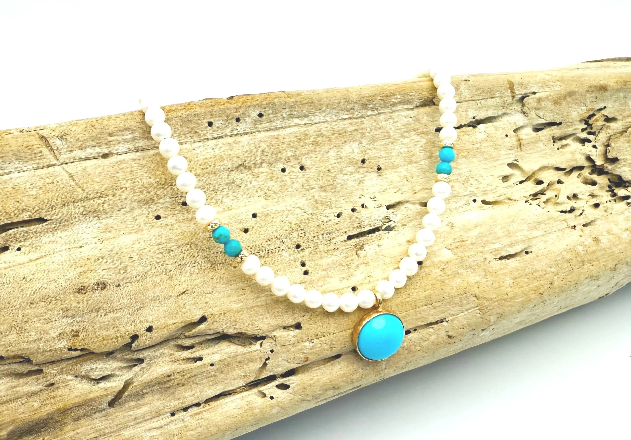 small round blue turquoise pendant with freshwater pearls in 14k gold