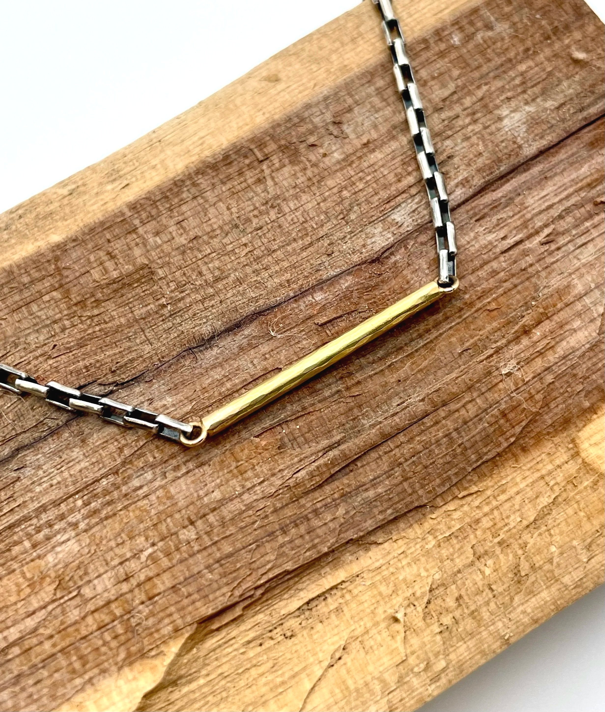 hammered solid gold bar necklace with oxidized silver chain