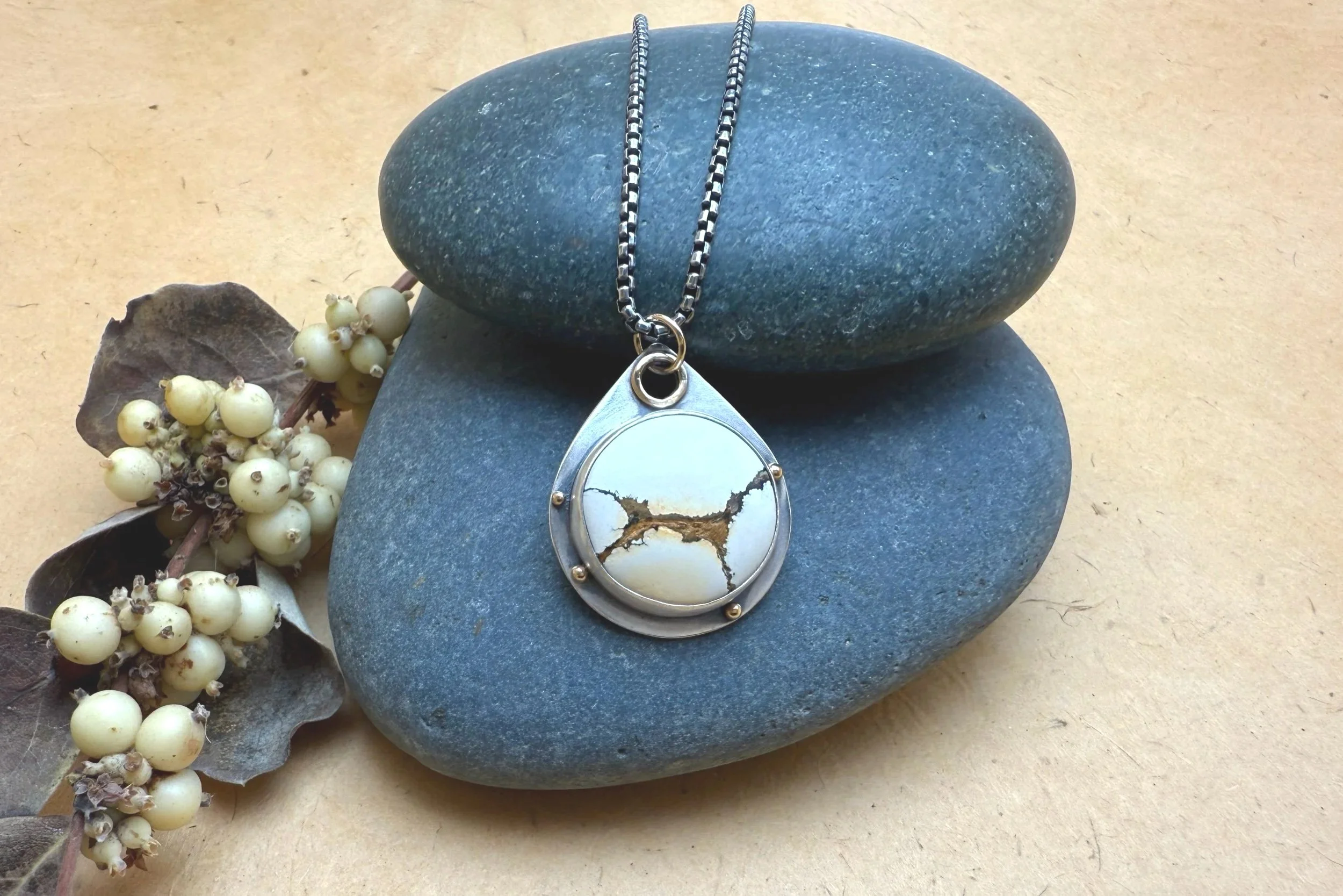 unique handmade white stone necklace silver and gold