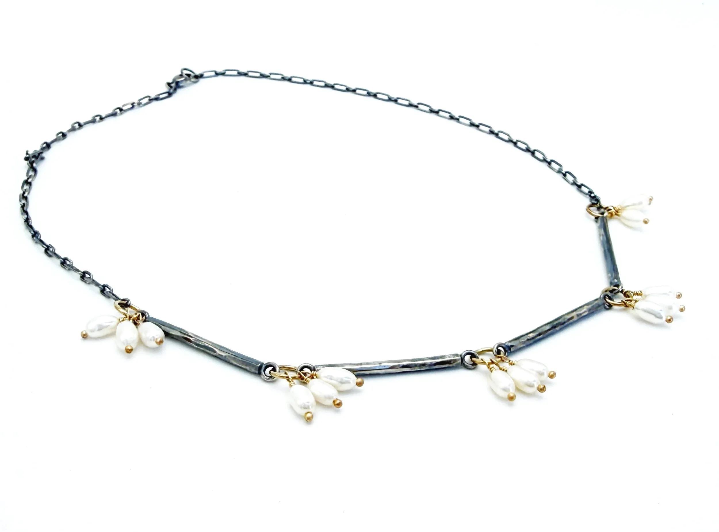 Full length of the freshwater pearl bar necklace, on white