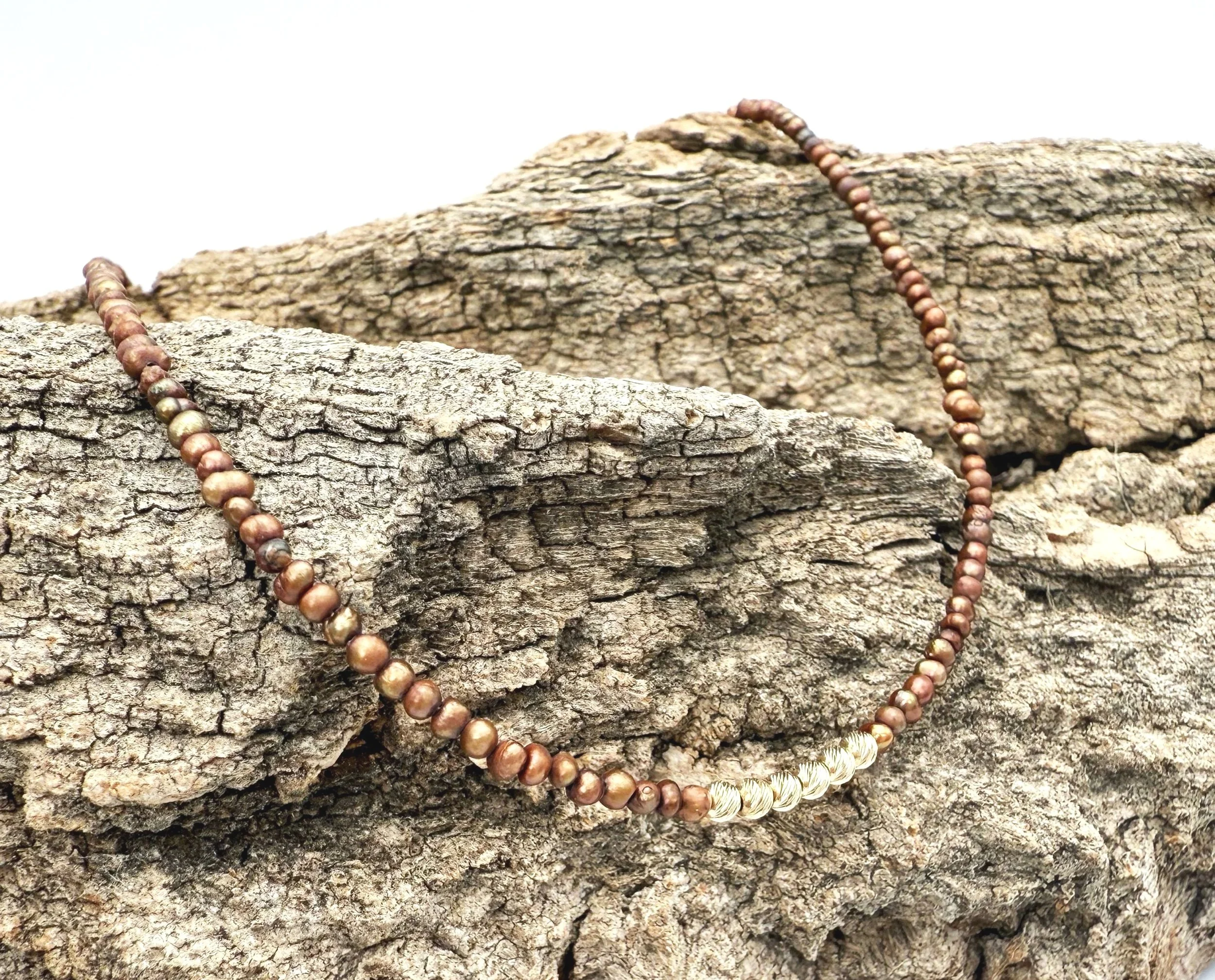 bronze pearl beaded necklace 14k gold