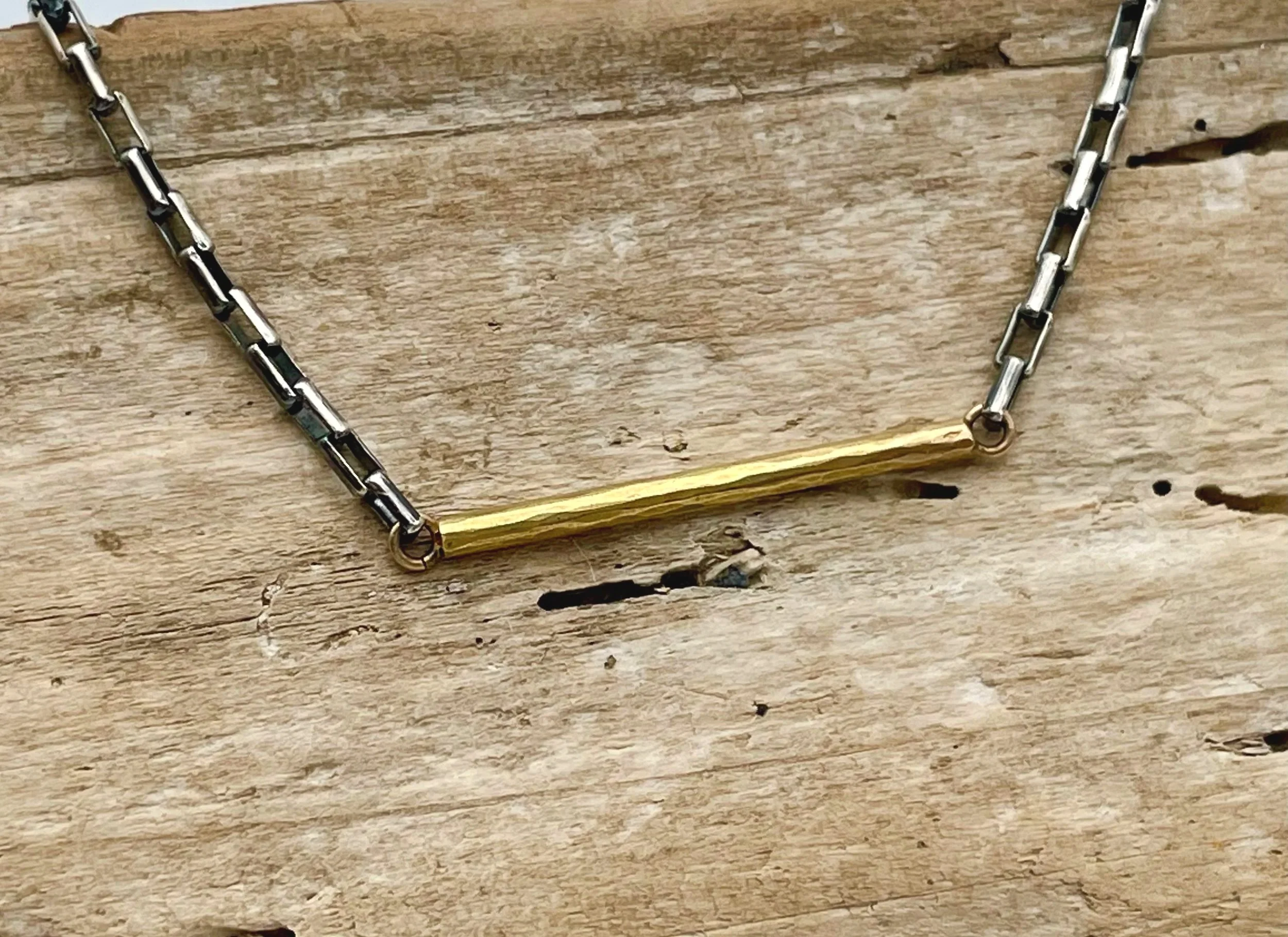 hammered 18k gold bar necklace with blackened silver chain