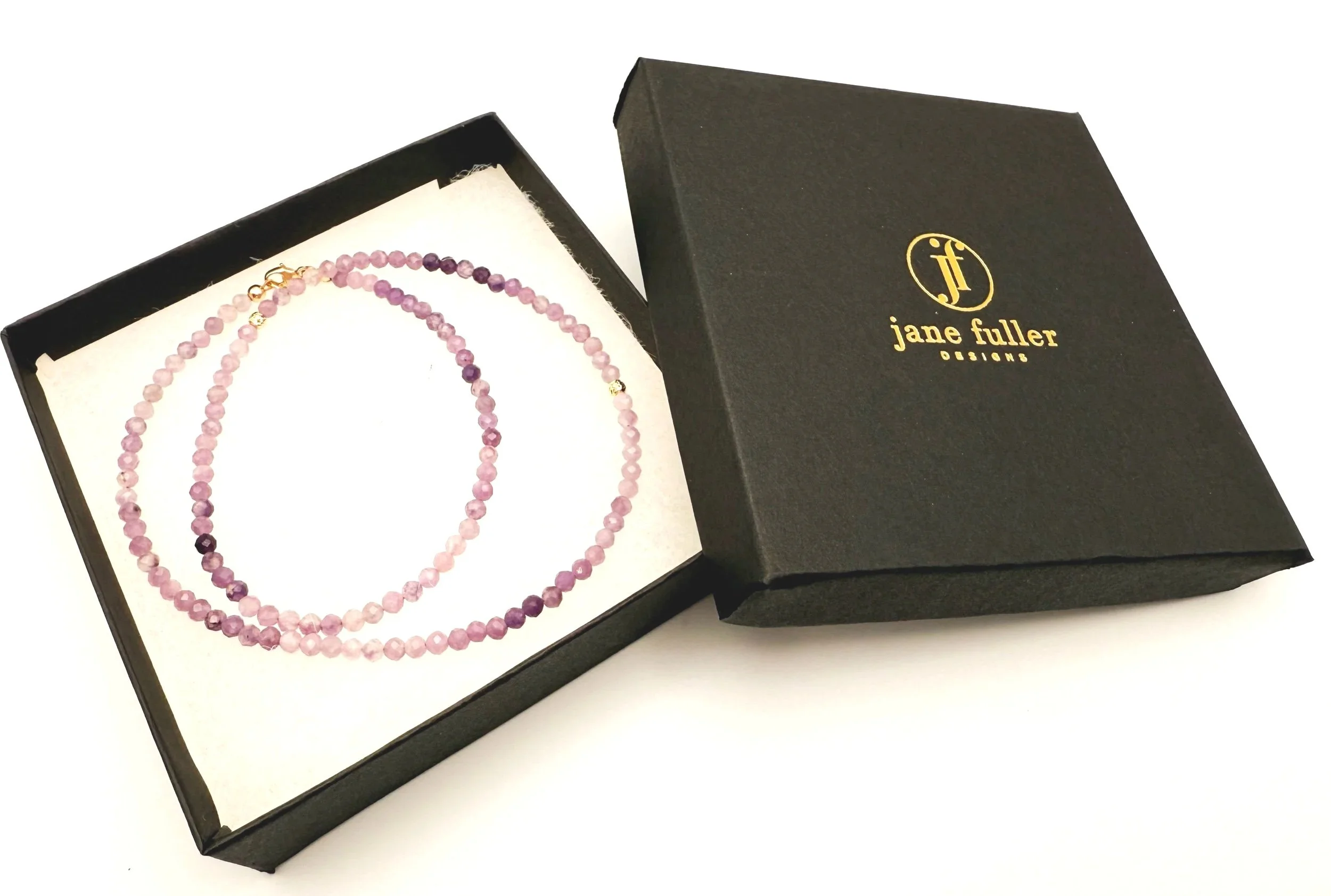 purple lepidolite gemstone beaded necklace, ombre effect in 14k solid gold