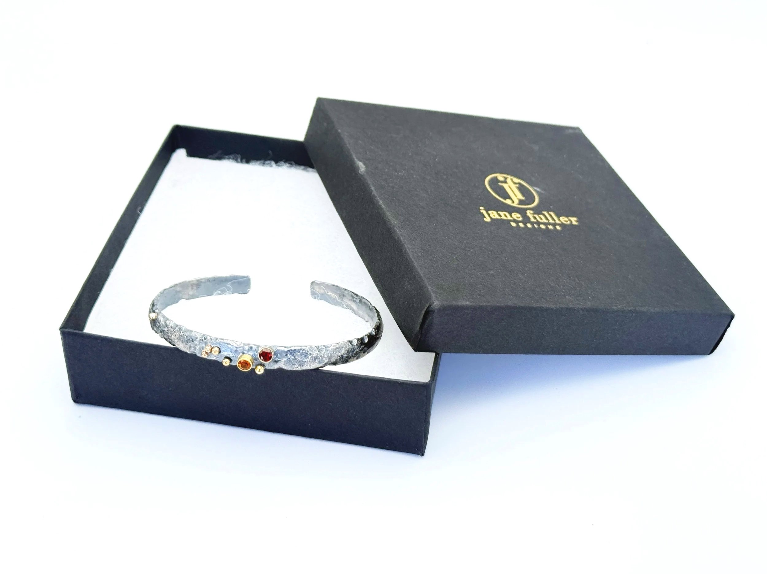Oxidized silver cuff in a Jane Fuller Designs gift box