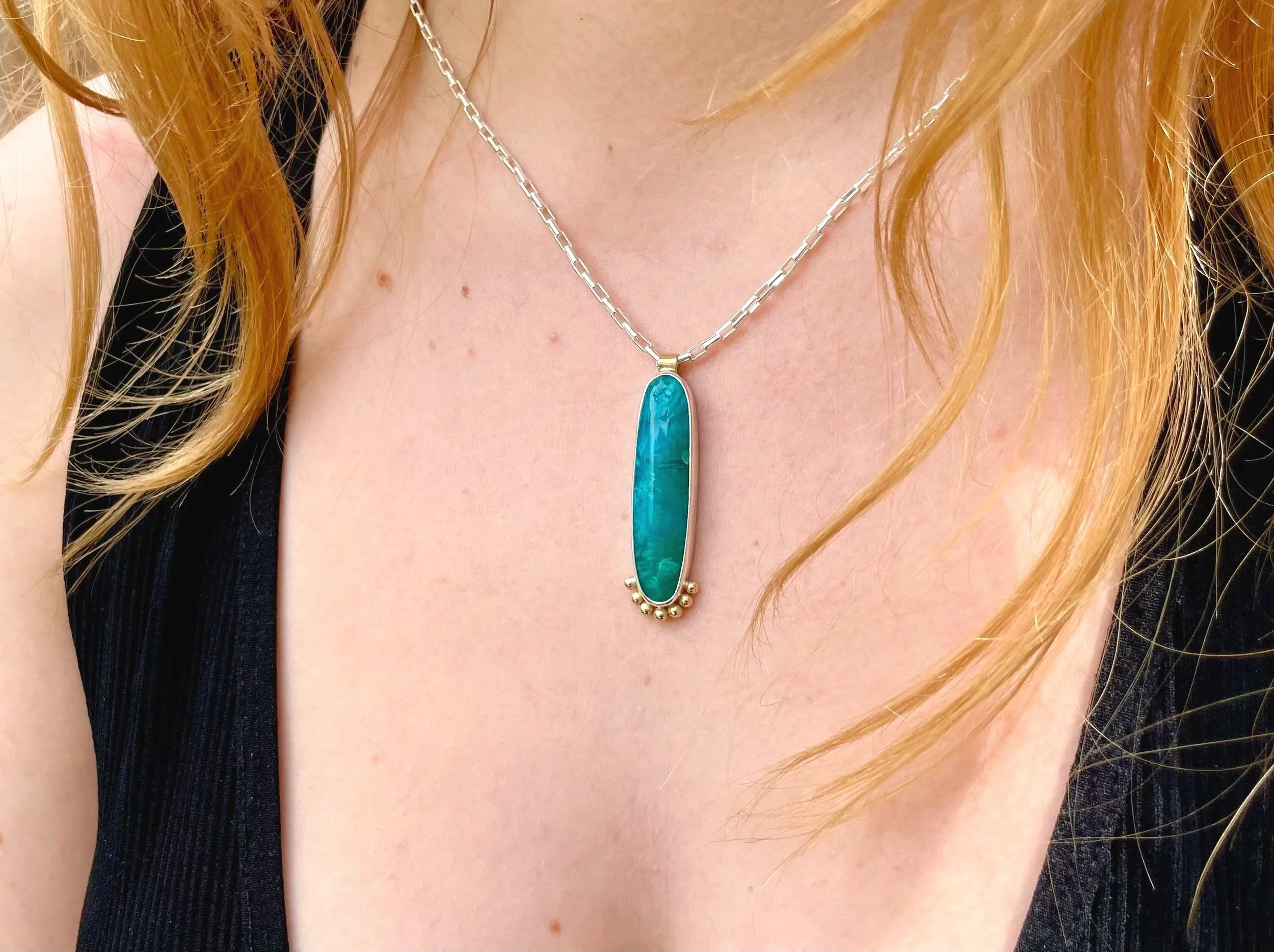 teal stone pendant necklace sterling silver and 14k gold