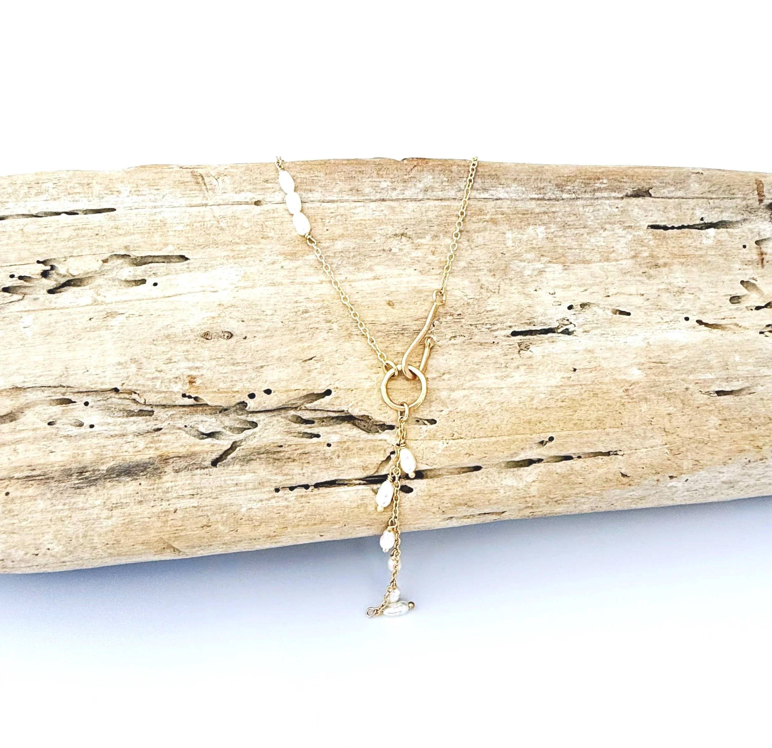 14k solid gold pearl lariat necklace