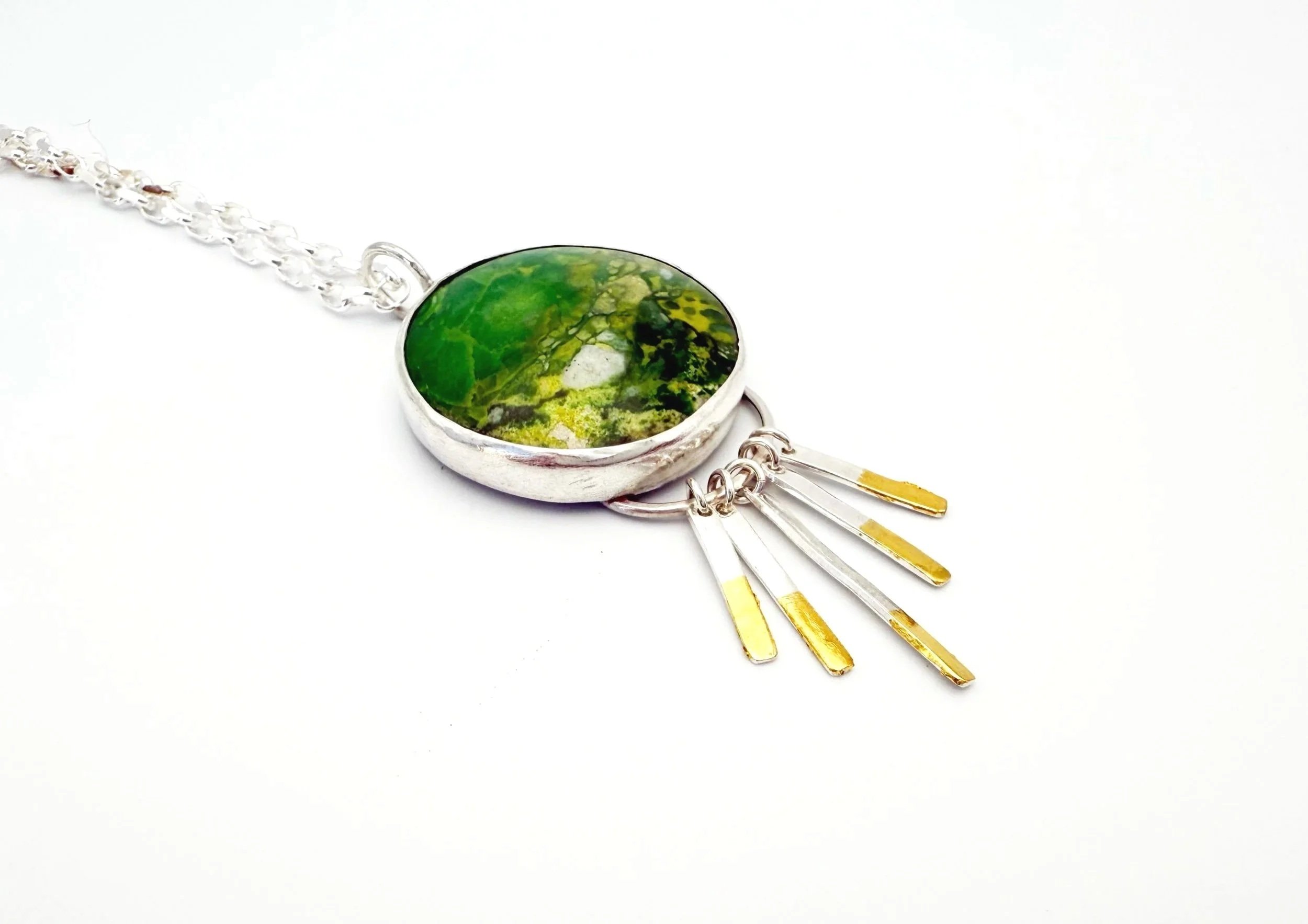 large green stone pendant with keum boo accents, one of a kind
