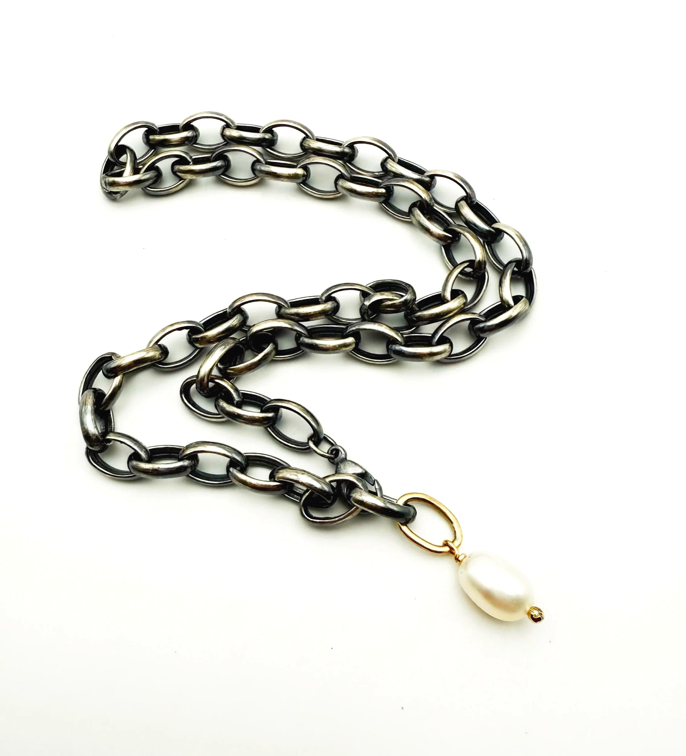 heavy oxidized chain necklace with pearl