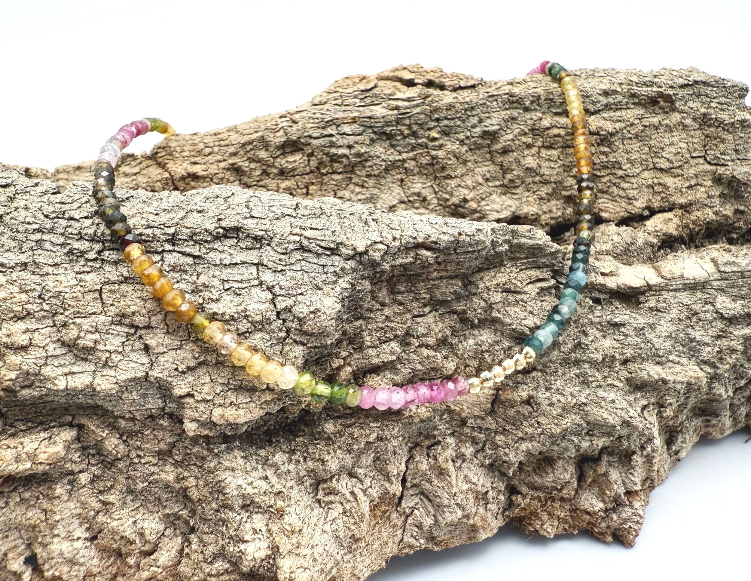 rainbow tourmaline beaded necklace 14k gold