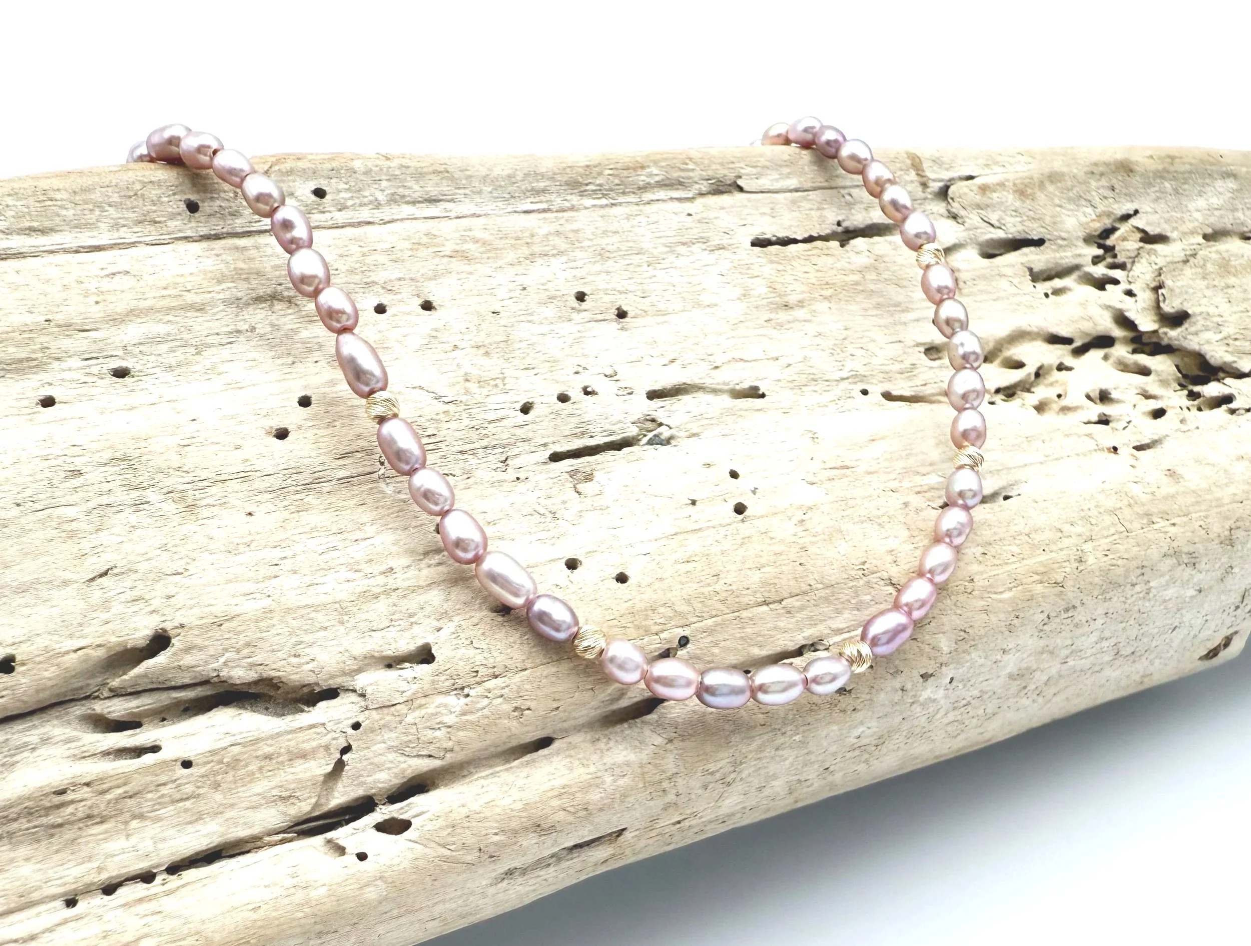 14k solid gold pink pearl strand necklace