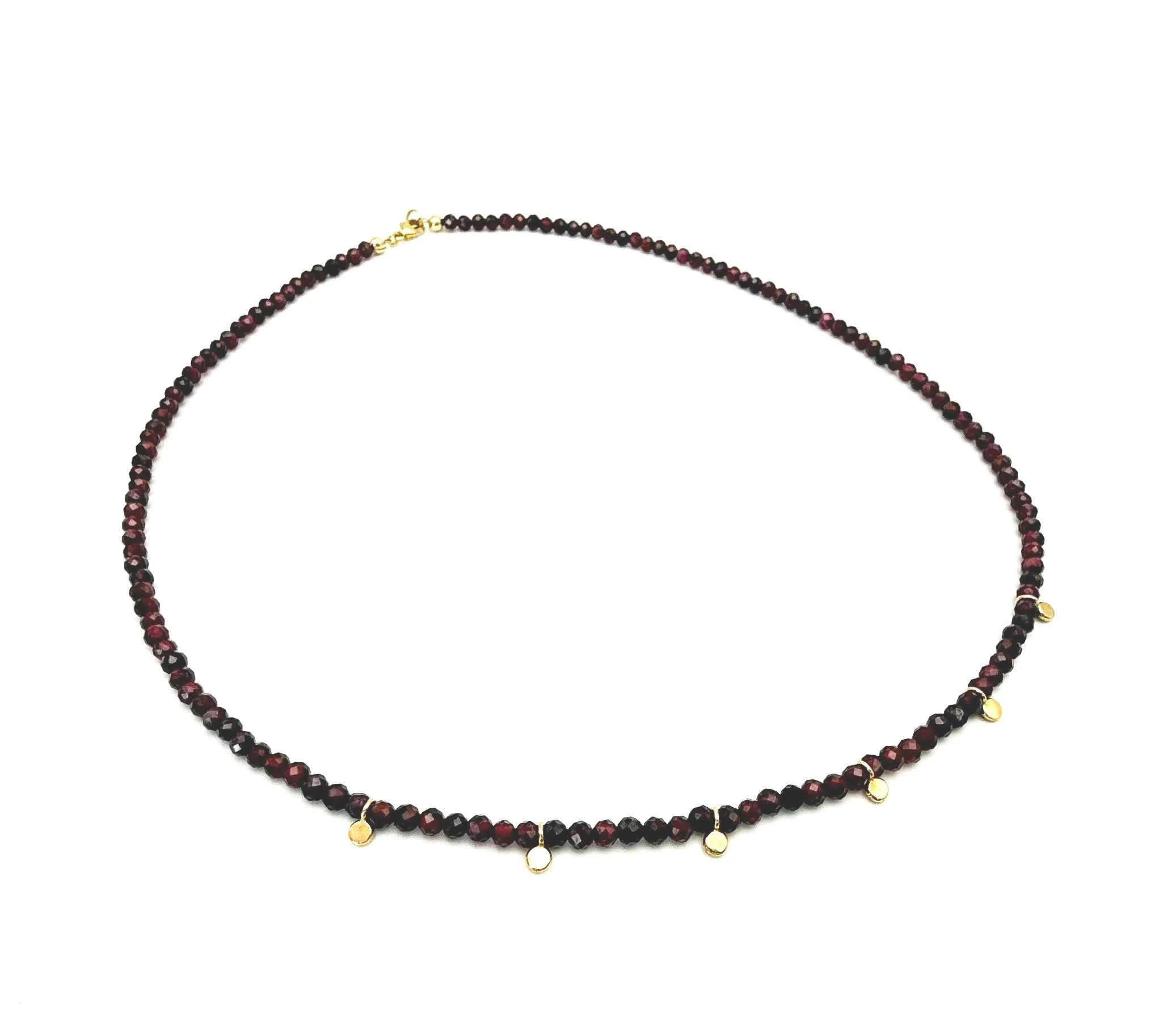 Solid gold garnet bead strand necklace