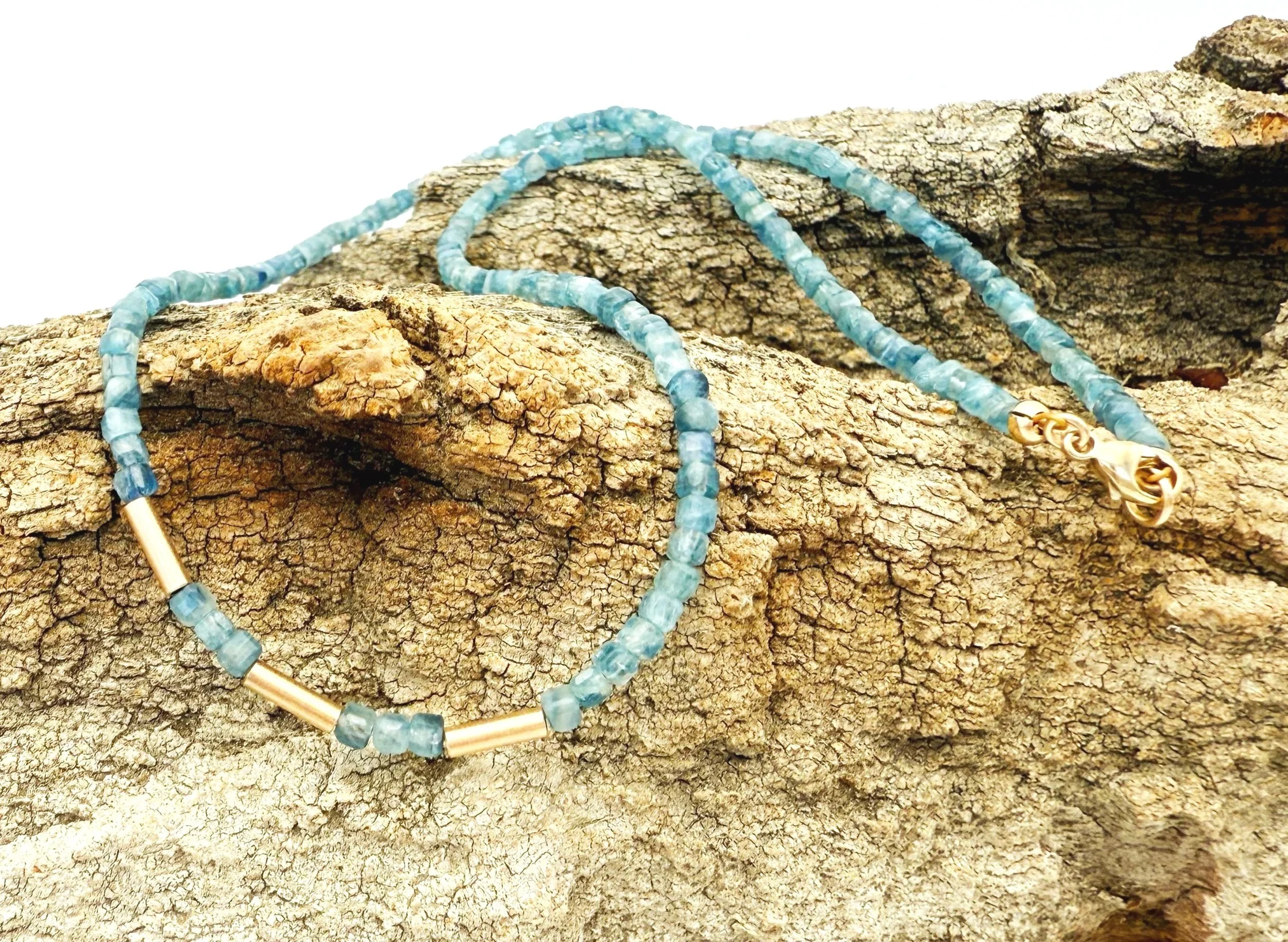 dainty blue gemstone bead necklace with 14k gold