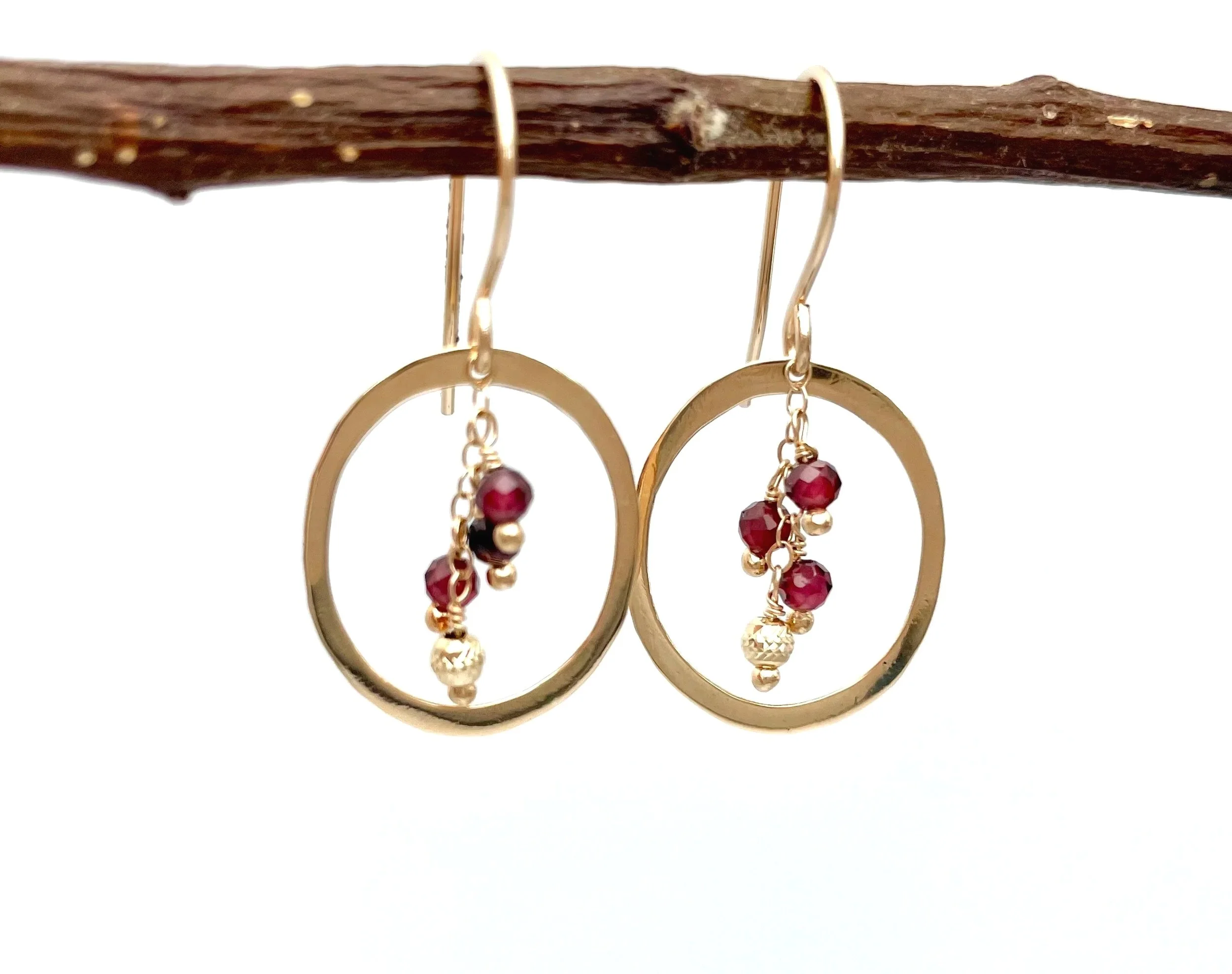 14k solid gold garnet dangle earrings