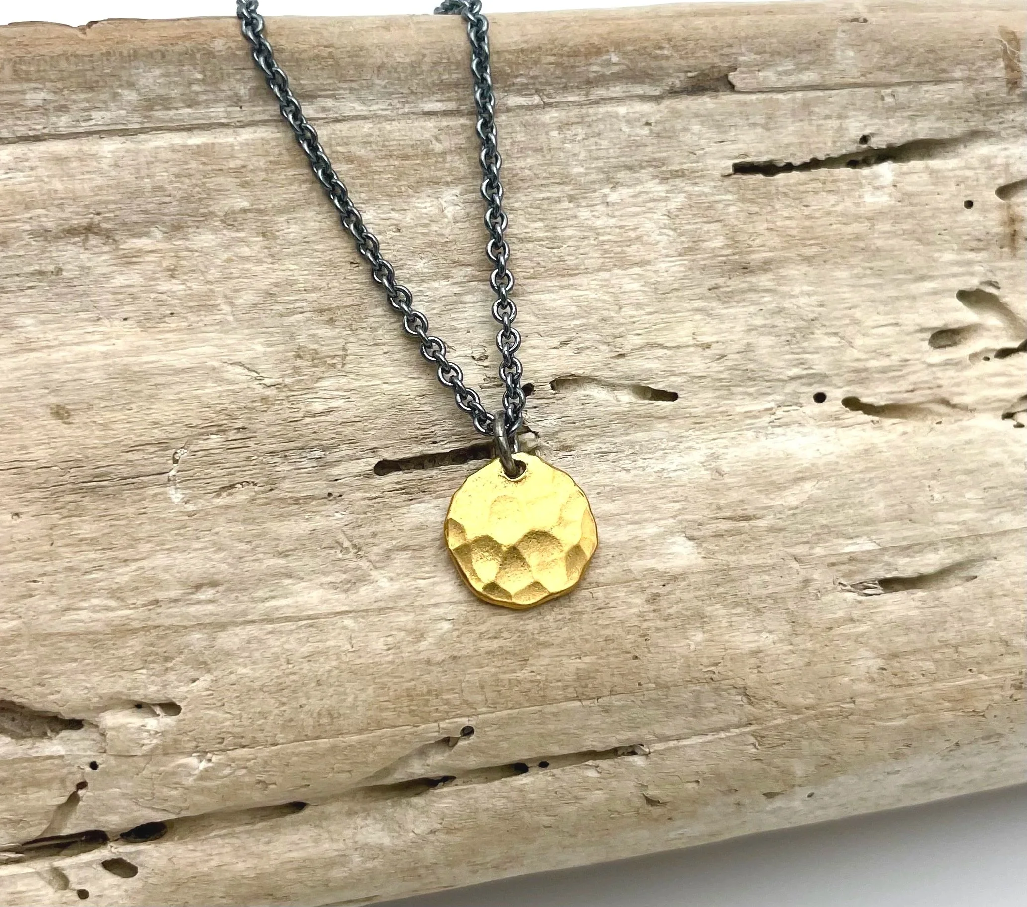 24k gold hammered disc pendant necklace with oxidized silver chain