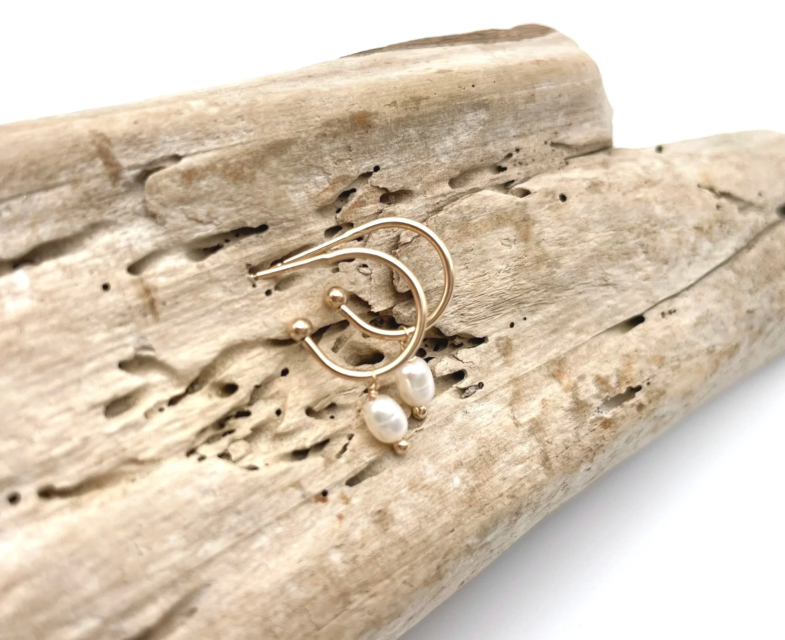 Pearl dangle hoop earrings 14k gold