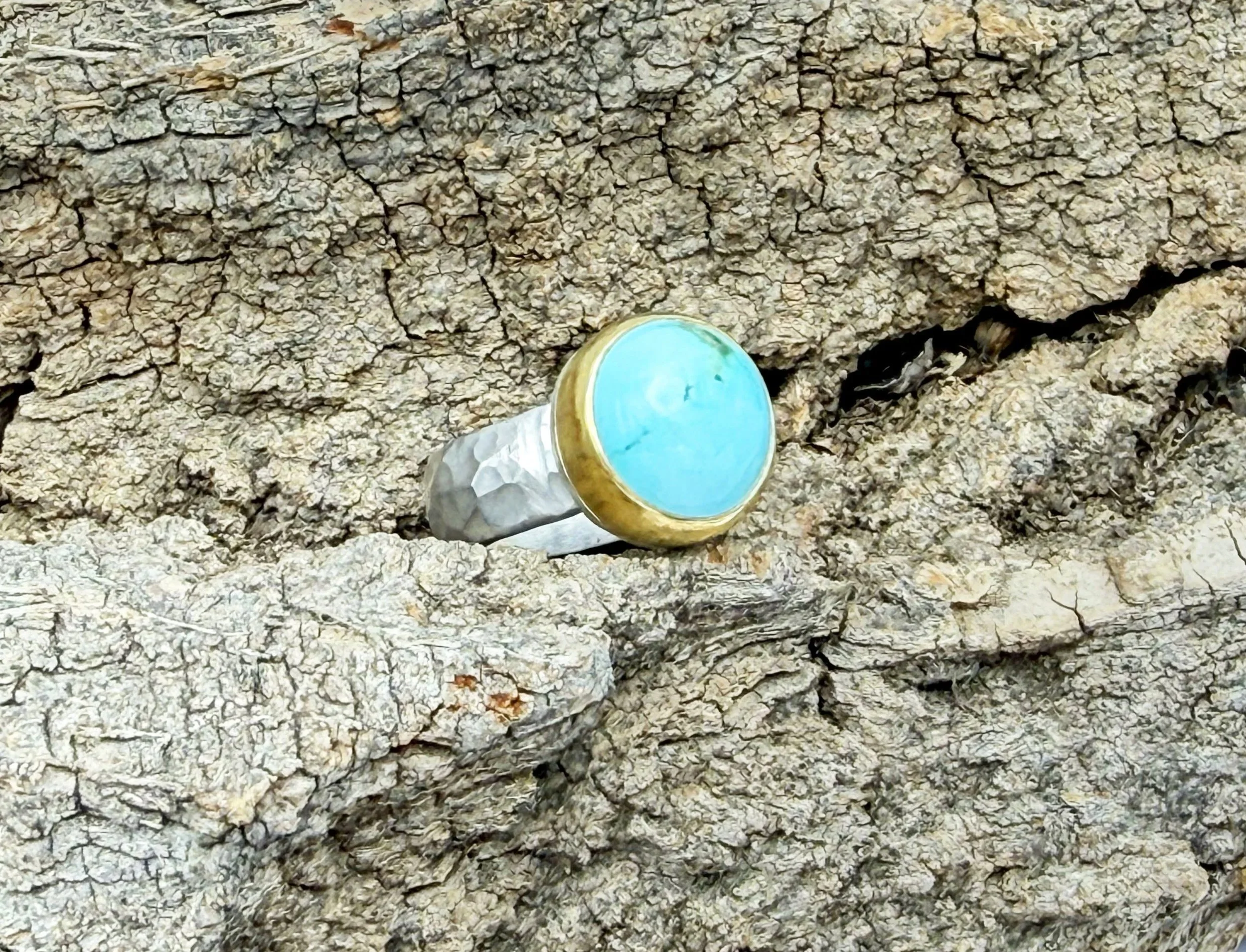 Blue turquoise ring silver and 22k gold