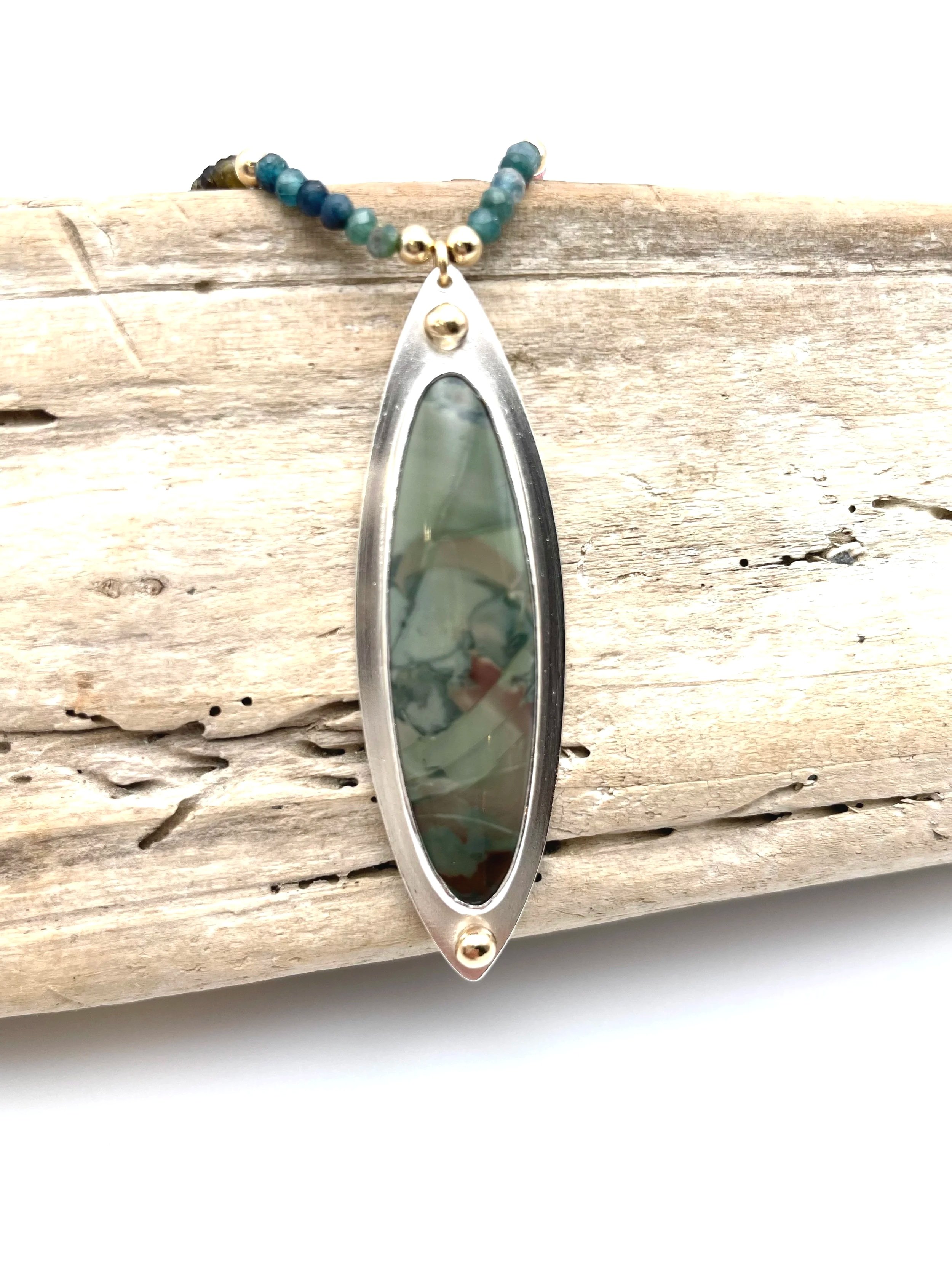 Jasper pendant necklace in silver and gold with tourmaline beads