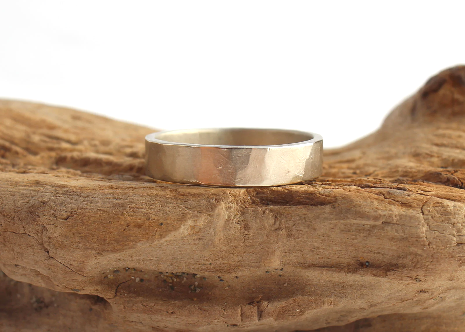 rustic hammered white gold ring 14k