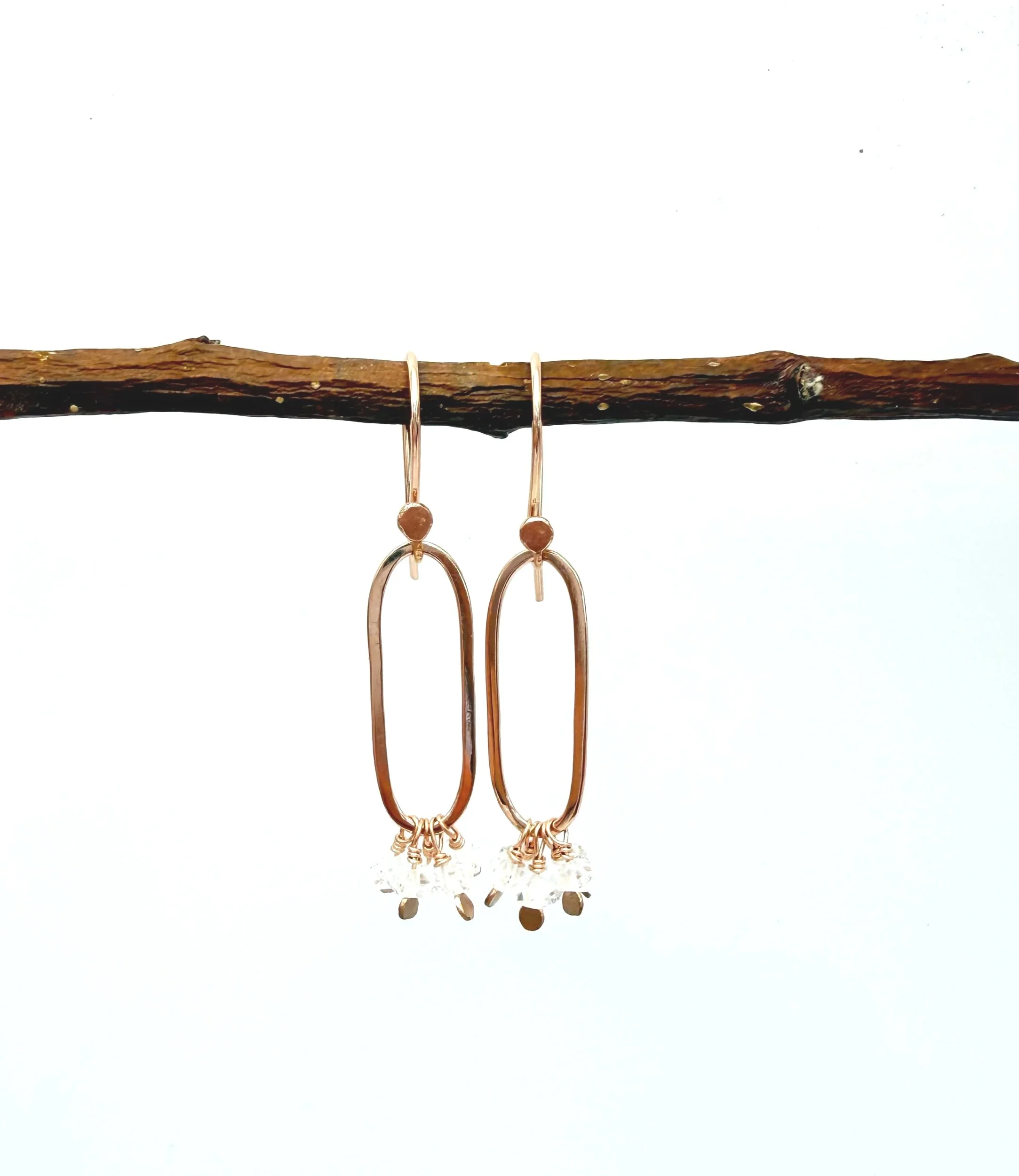 oval hoop dangle earrings with herkimer diamonds in rose gold