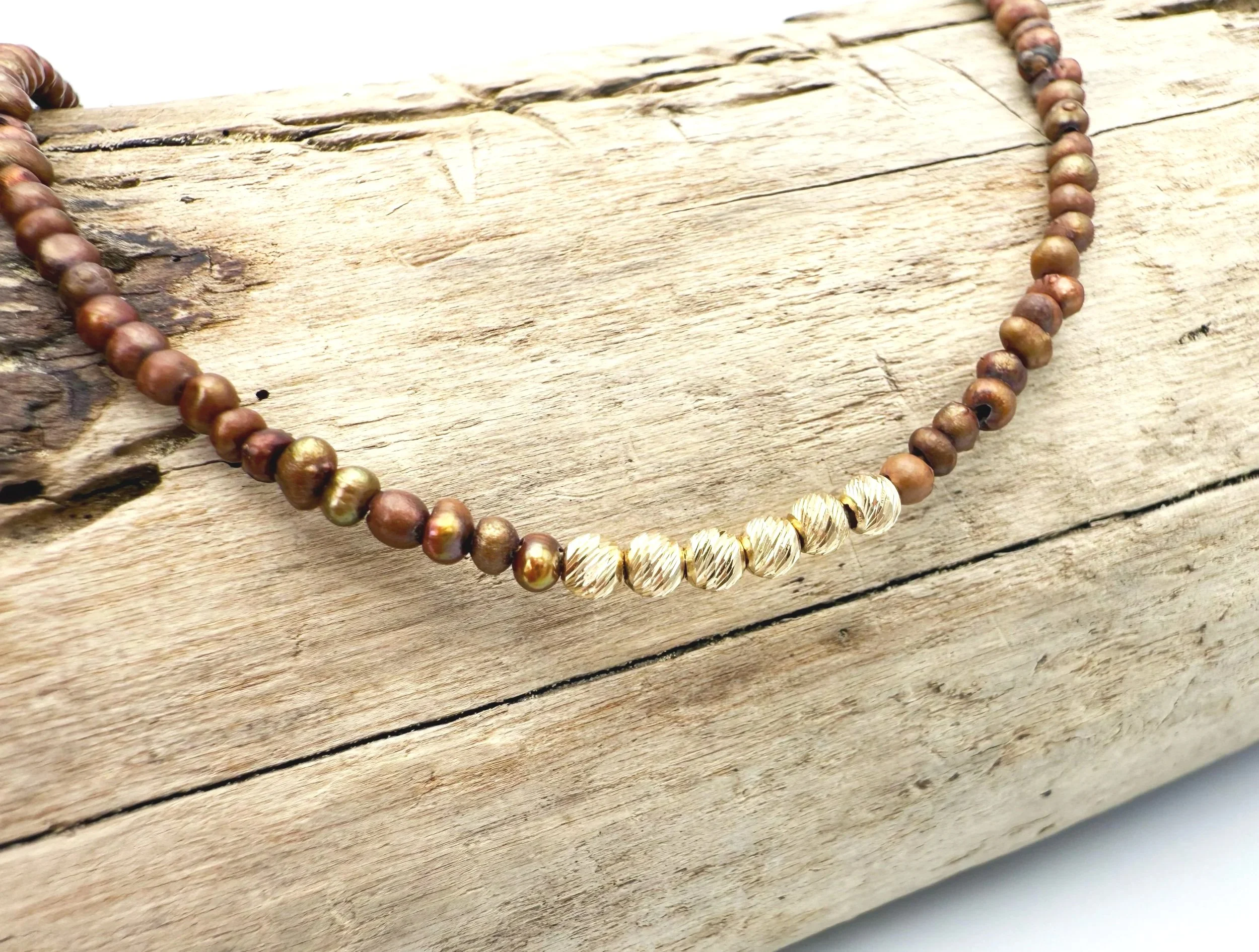 metallic pearl necklace 14k solid gold