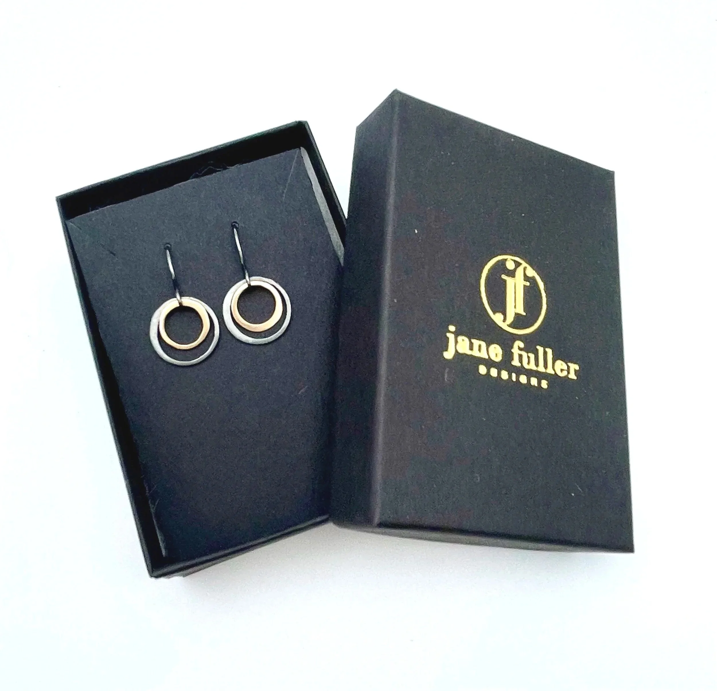 blackened silver and 14k gold hoop dangle earrings