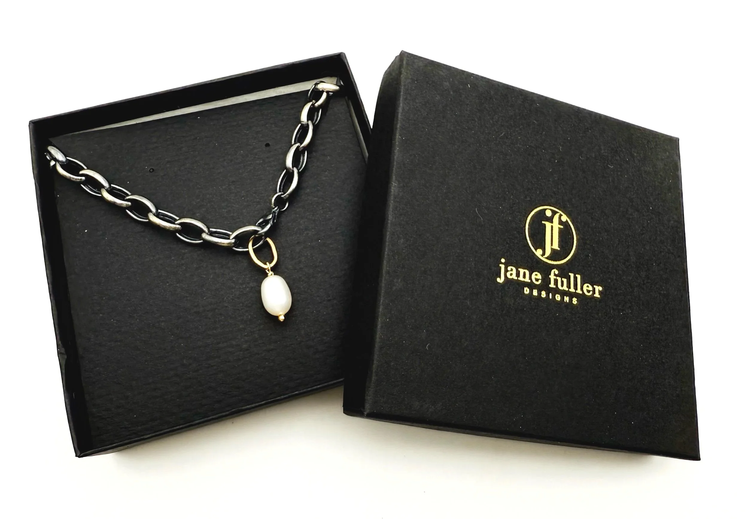 heavy oxidized silver chain with 14k gold and pearl pendant