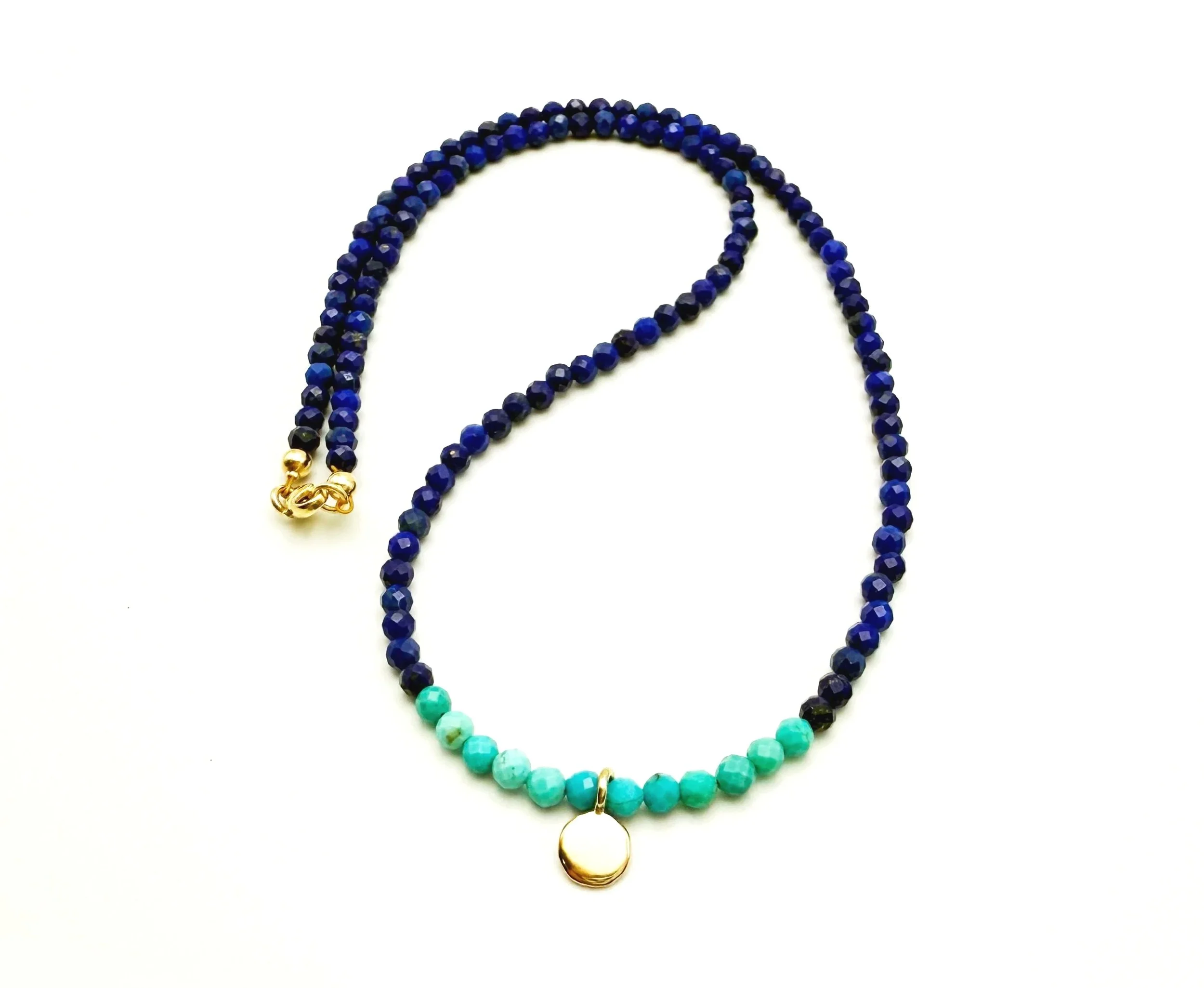 Genuine turquoise beaded necklace with lapis in 14k gold