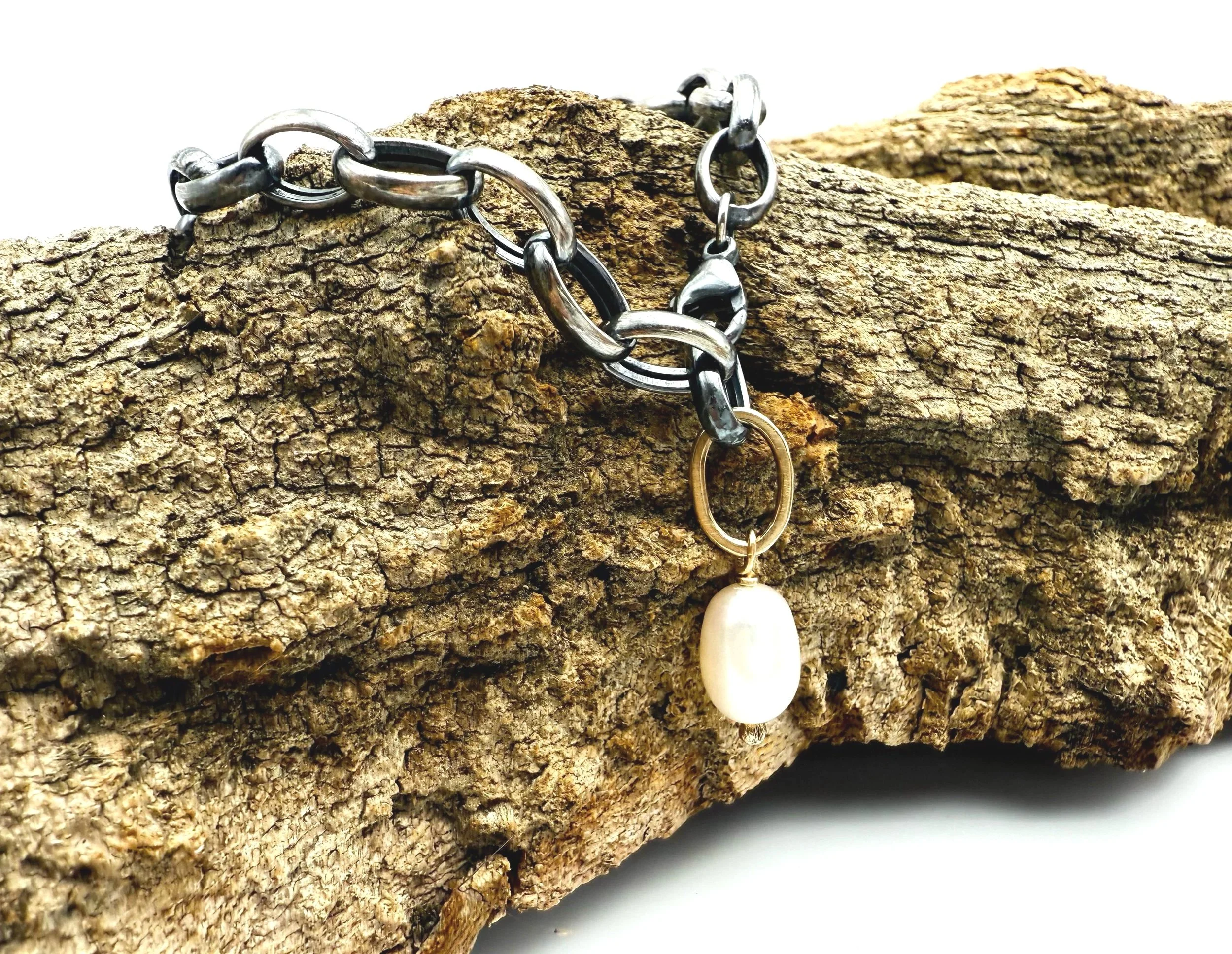 chunky oxidized silver chain with pearl drop