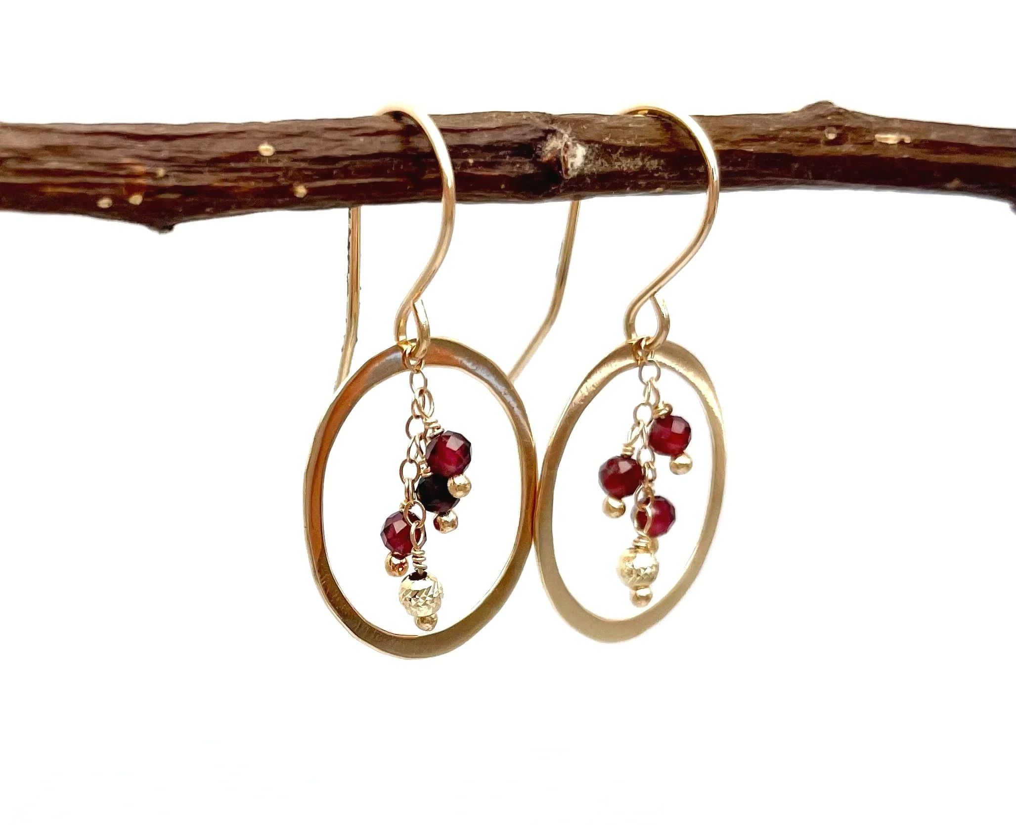red garnet dangle earrings in 14k solid gold