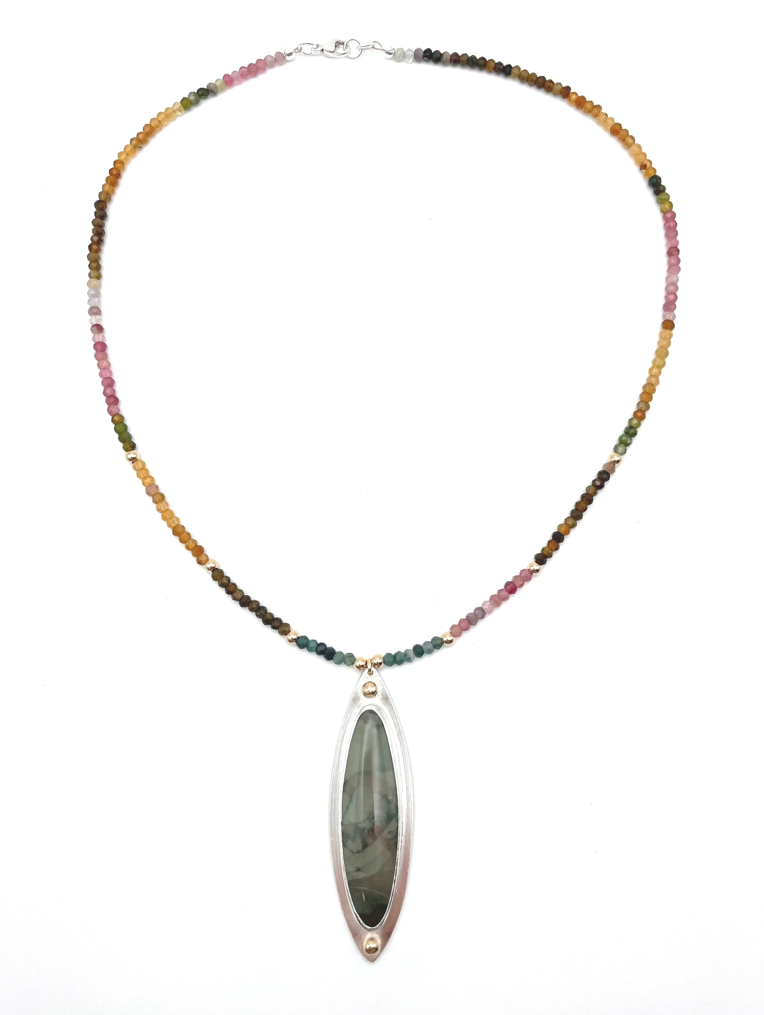 rainbow tourmaline bead necklace with jasper pendant, one of a kind