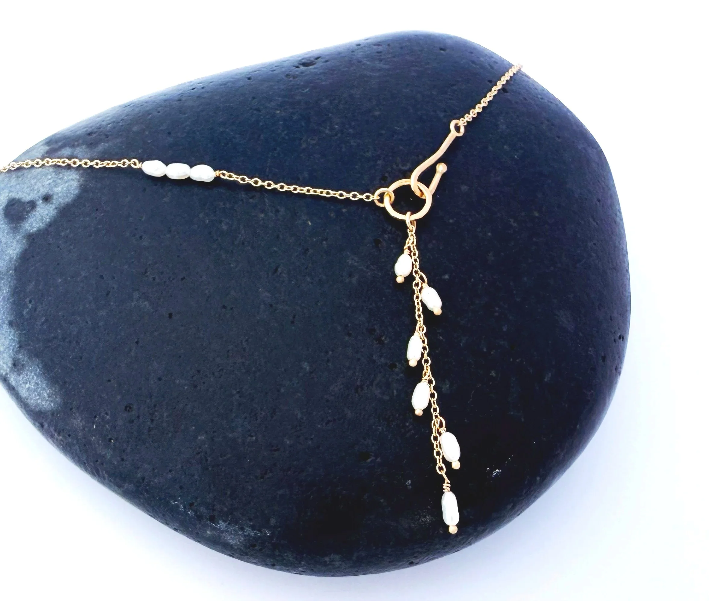 14k solid gold delicate pearl lariat necklace