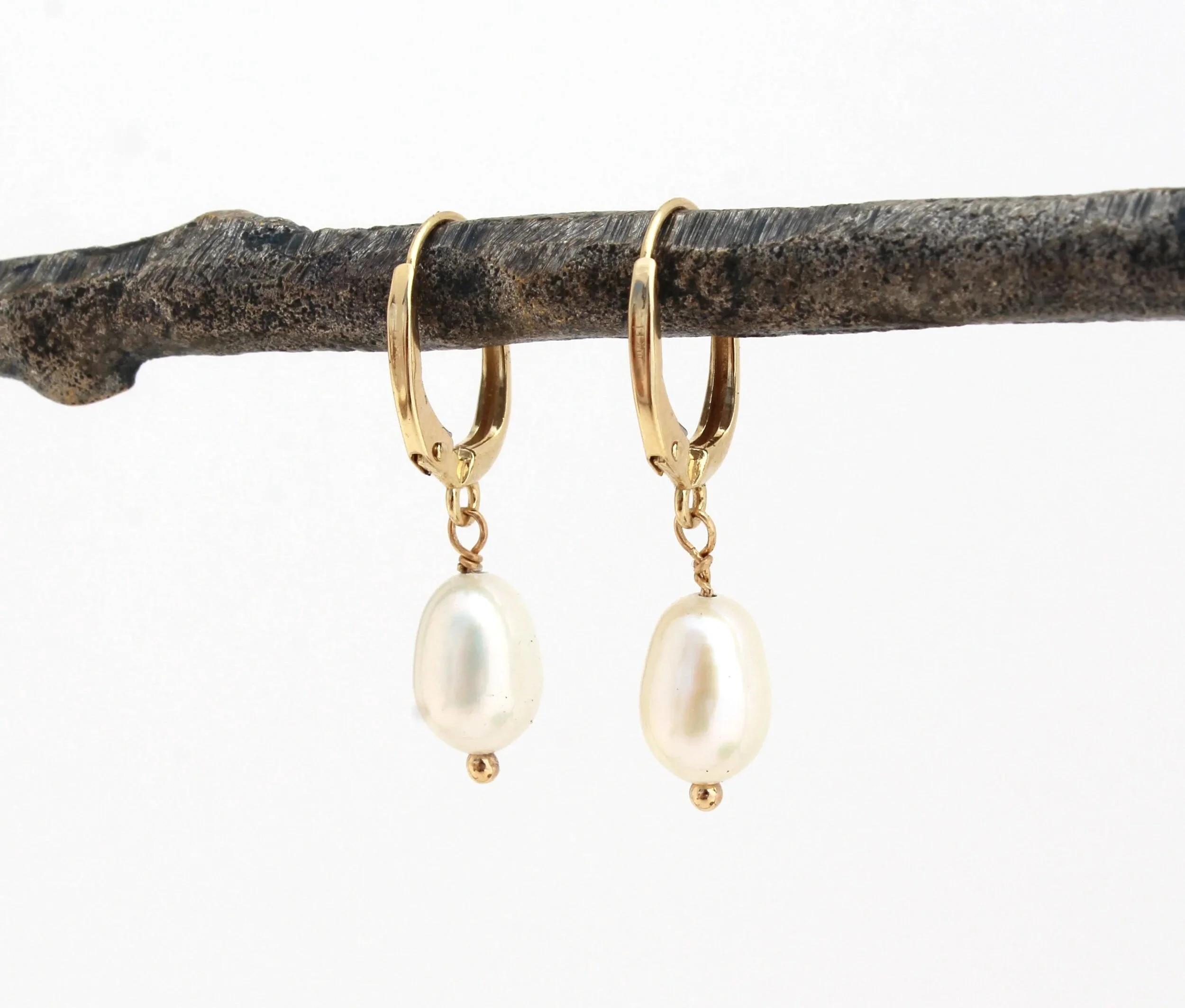 14k gold white pearl drop earrings