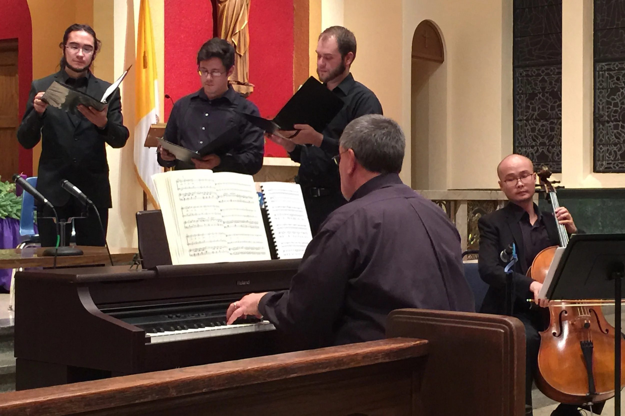 Left to right, Santiago Gutierrez Herrera, tenor; Hastings Reeves, bass; Lance Russell, bass; Dr. Thomas Sovik at the keyboard; and Lejing Zhou, cello.
Normal
0
false
false
false
EN-US
X-NONE
X-NONE
/* Style Definitions */
table.MsoNormalTable
{mso-style-name:"Table Normal";
mso-tstyle-rowband-size:0;
mso-tstyle-colband-size:0;
mso-style-noshow:yes;
mso-style-priority:99;
mso-style-parent:"";
mso-padding-alt:0in 5.4pt 0in 5.4pt;
mso-para-margin-top:0in;
mso-para-margin-right:0in;
mso-para-margin-bottom:8.0pt;
mso-para-margin-left:0in;
line-height:107%;
mso-pagination:widow-orphan;
font-size:11.0pt;
font-family:"Calibri",sans-serif;
mso-ascii-font-family:Calibri;
mso-ascii-theme-font:minor-latin;
mso-hansi-font-family:Calibri;
mso-hansi-theme-font:minor-latin;}