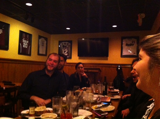 University of North Texas Singers and Musicians with Dr. Tom Sovik singing Happy Birthday to Jo Ann Zaeske at the Outback Steakhouse in College Station, Texas.