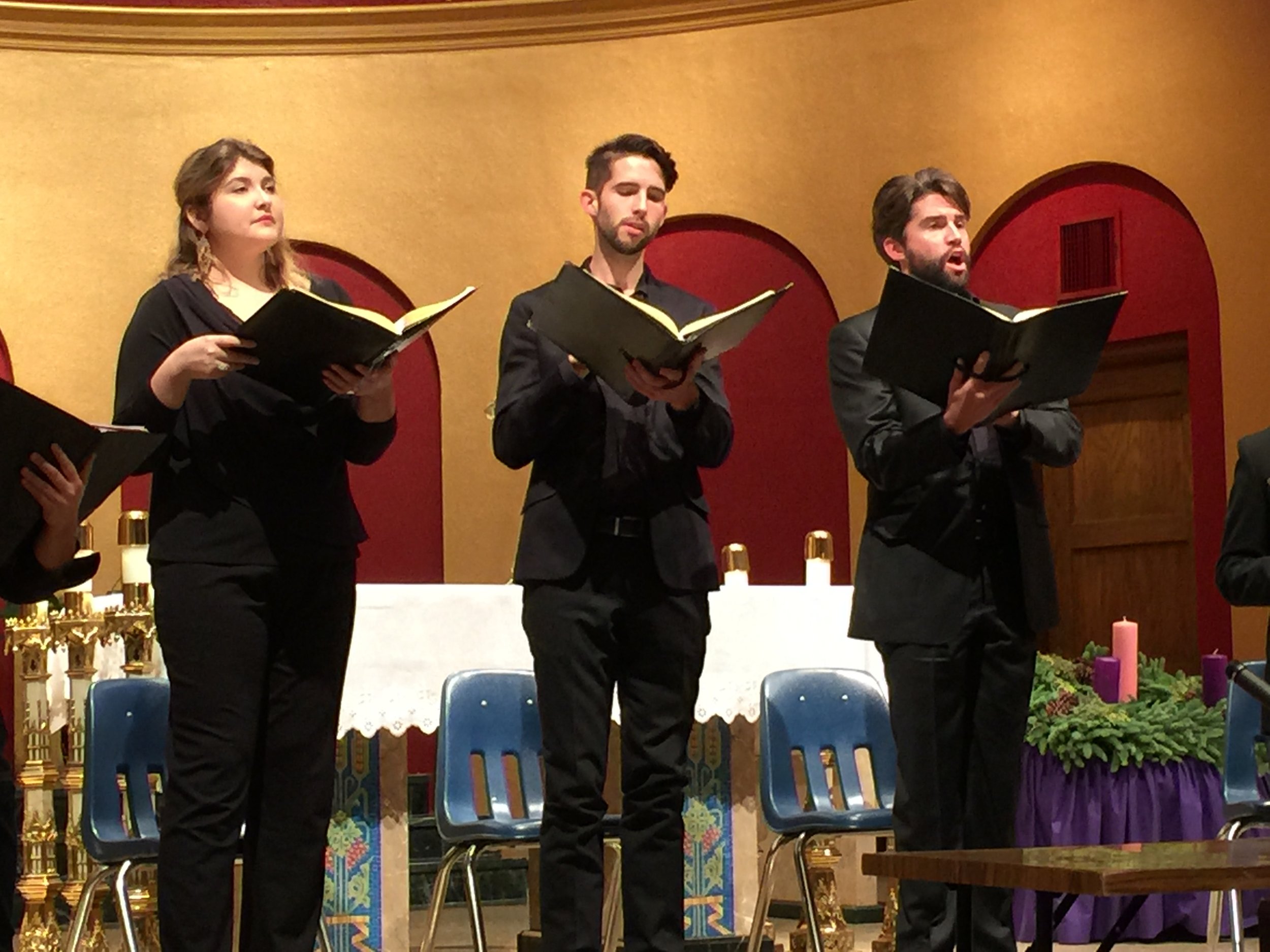 Left to right, Hannah Ceniseros, alto soloist; Barrett Radziun, tenor soloist; and Brock Johnson, bass-baritone soloist.