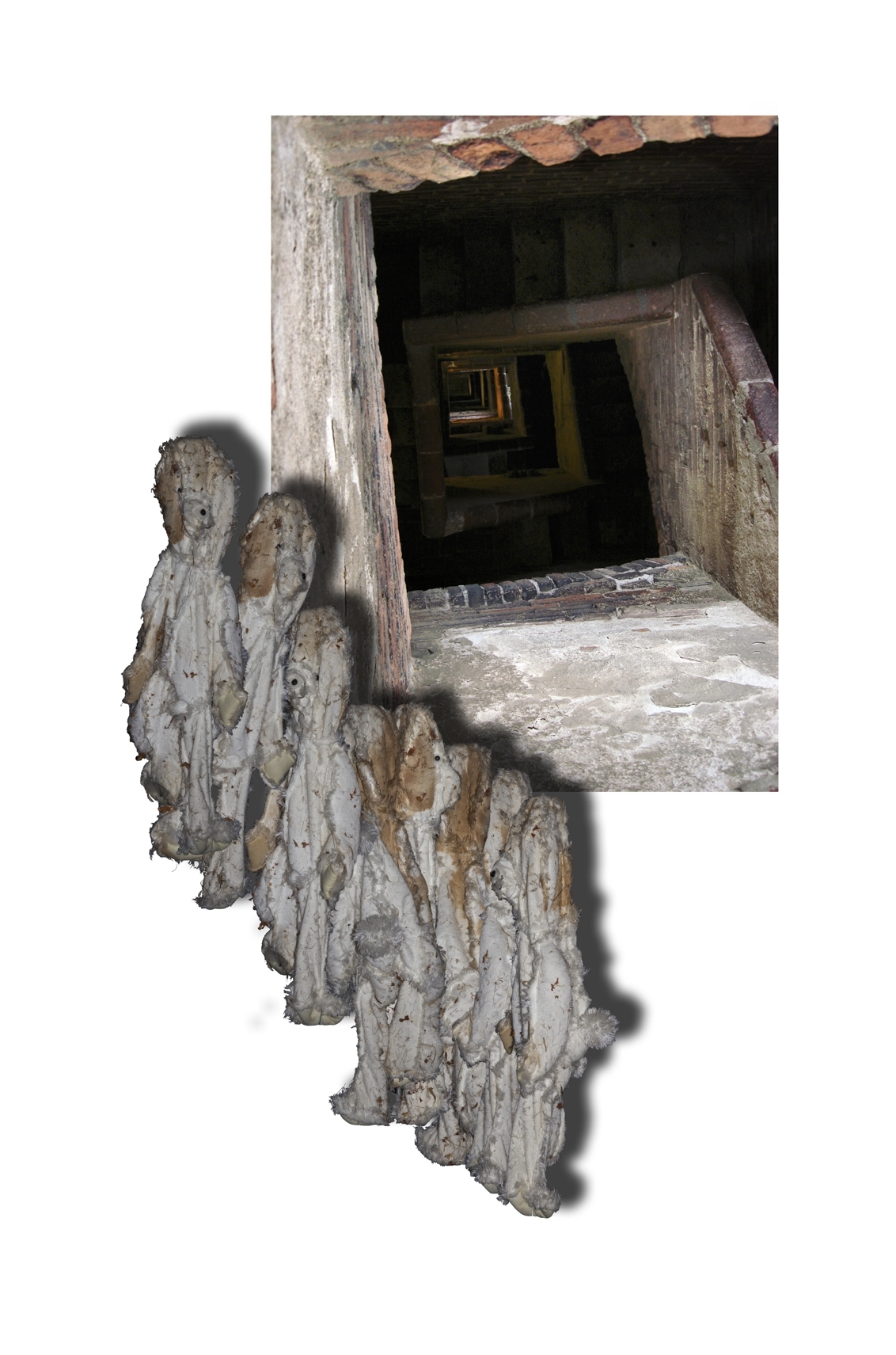 White-Inside-Out-Unstuffed-Animal-Bear-Bat (Descending Staircase)” (photo/drawing)