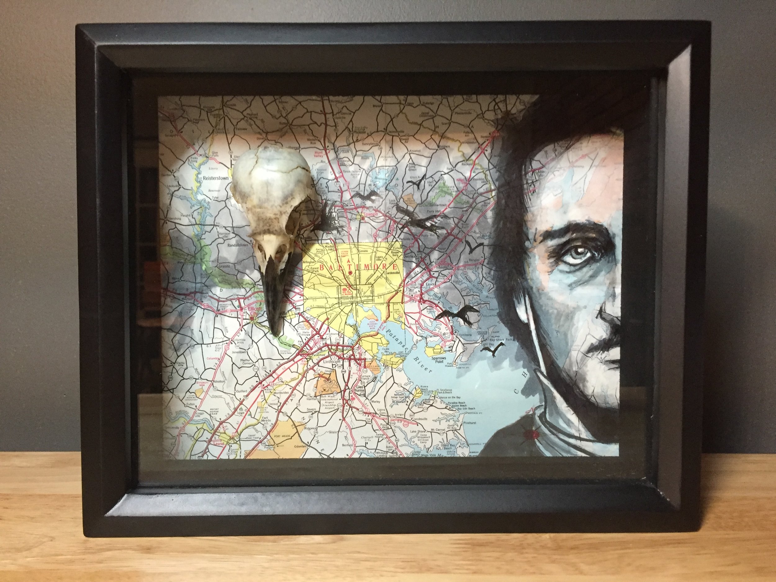 POE W/ REAL CROW SKULL ON MD/BALTIMORE MAP