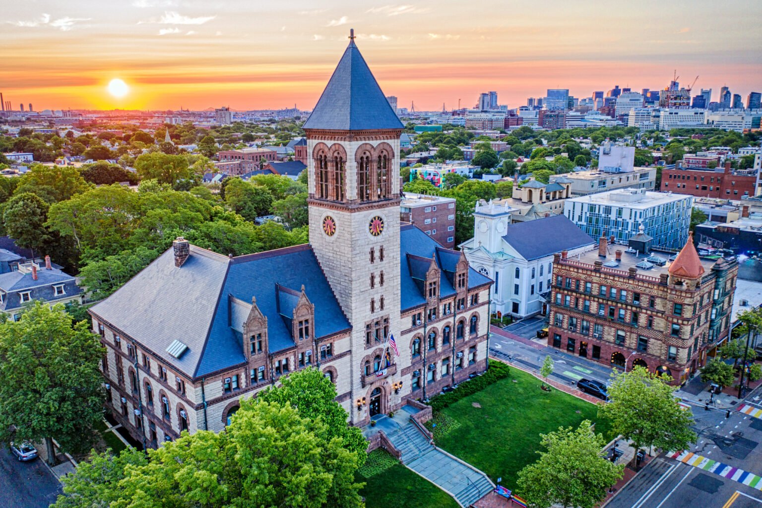 Cambridge MA City Hall at sunset