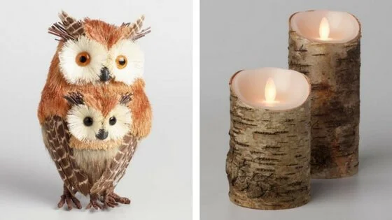 Natural Fiber Owl With Baby and Birch Flameless Candle both from World Market